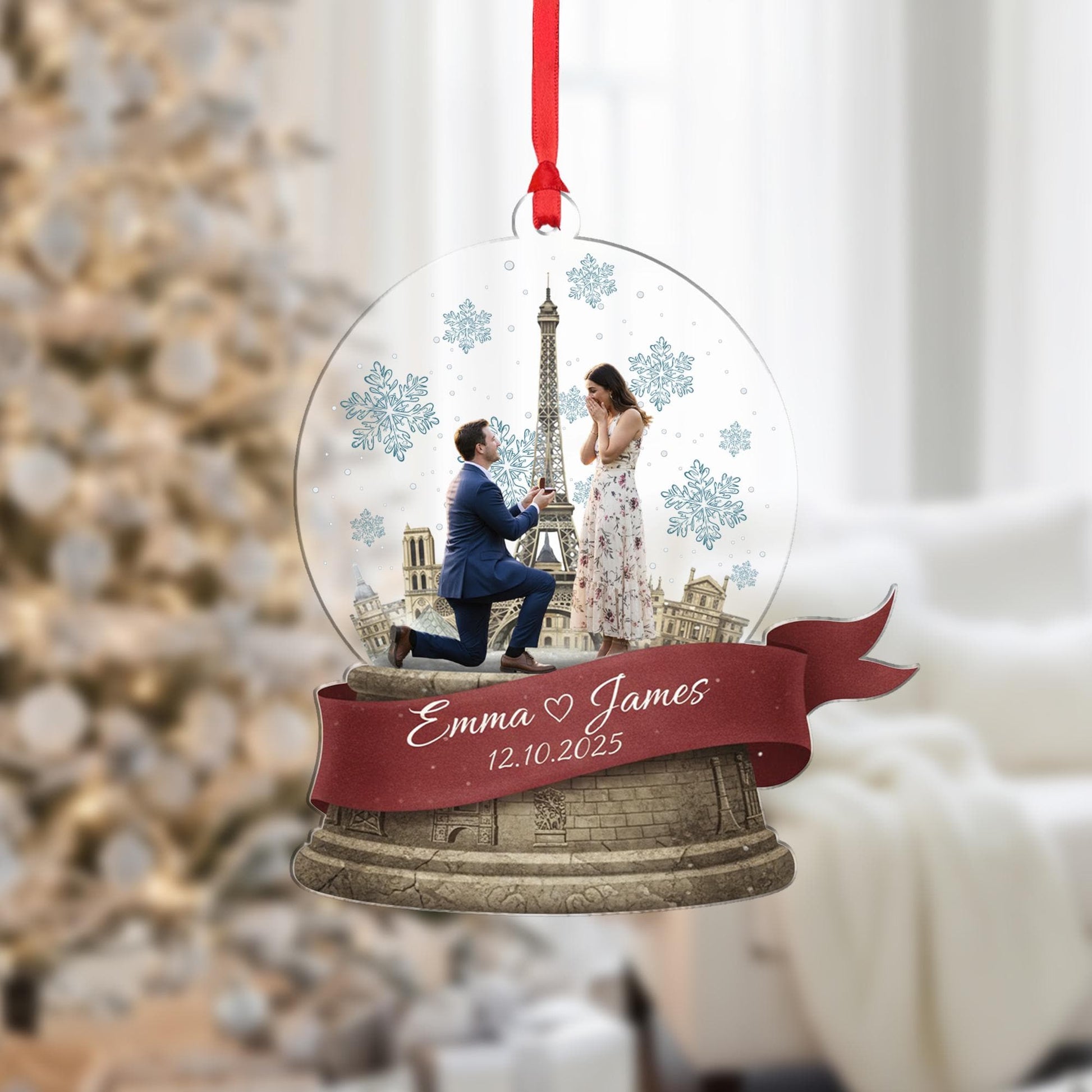 Custom Winter Paris Engagement Photo Ornament - Couple Proposal Keepsake image 1