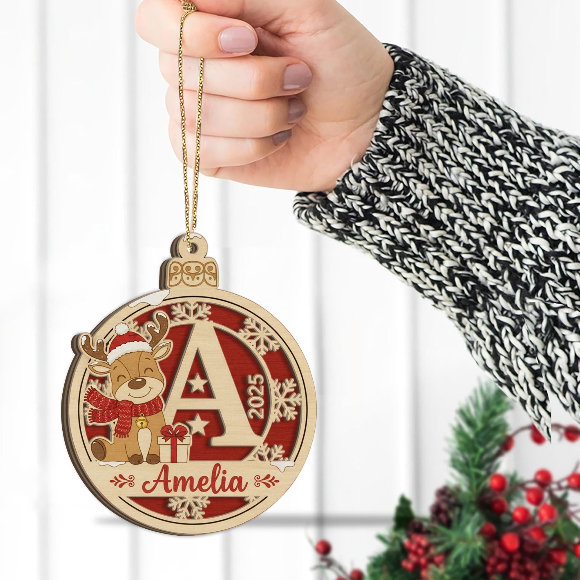 Custom Initial Reindeer Ornament - Personalized 2-Layer Name Christmas Gift for Kids image 5