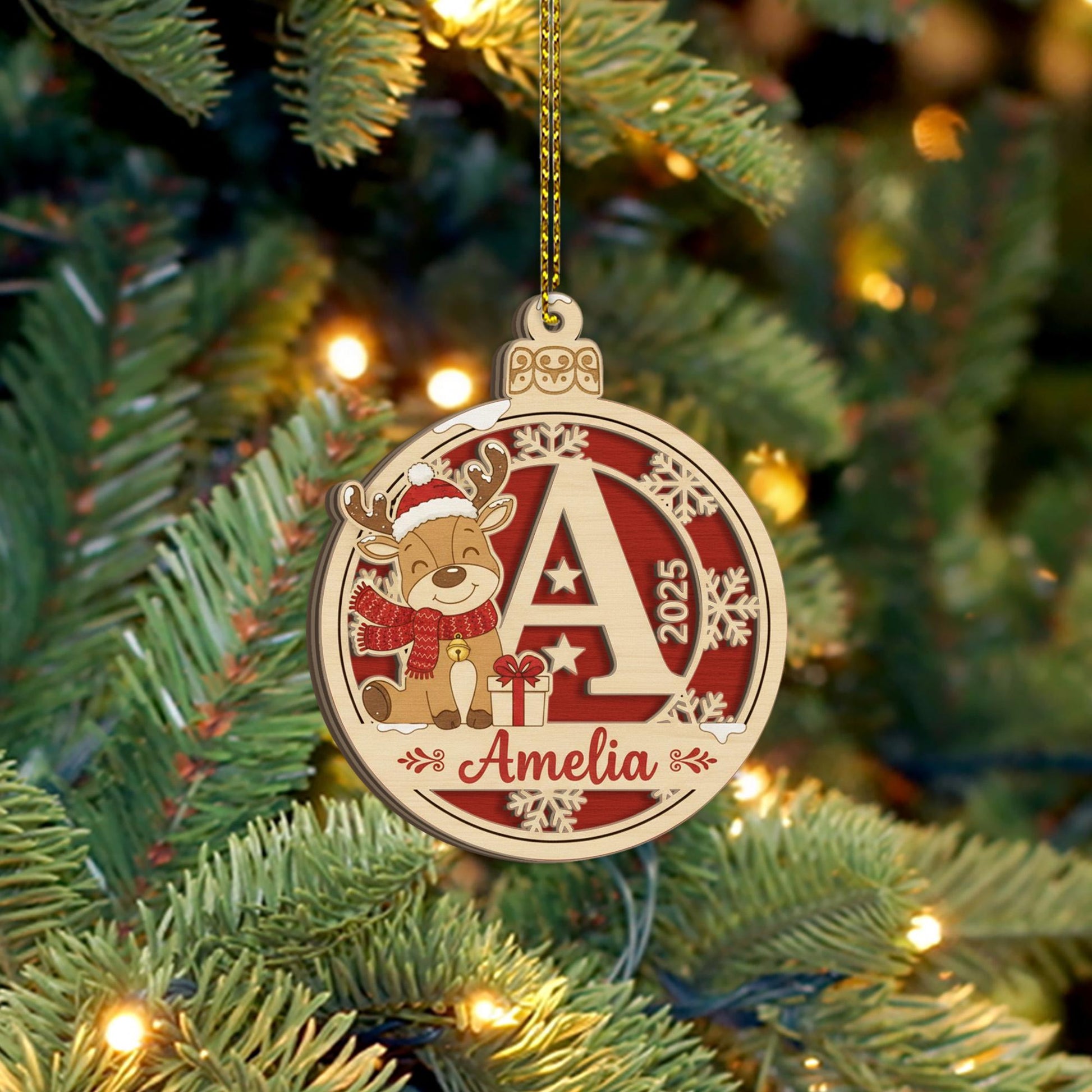 Custom Initial Reindeer Ornament - Personalized 2-Layer Name Christmas Gift for Kids image 1