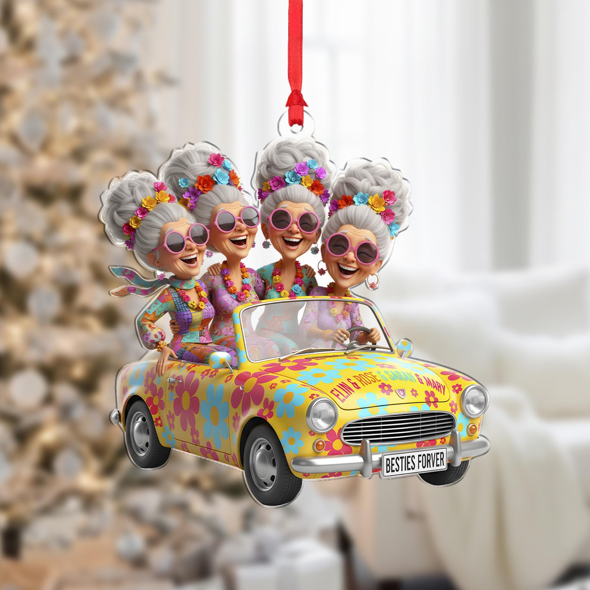 Personalized Acrylic Ornament: Elderly Friends in Car; Retro Hippie Style, Flower Power Convertible, Custom Name image 1