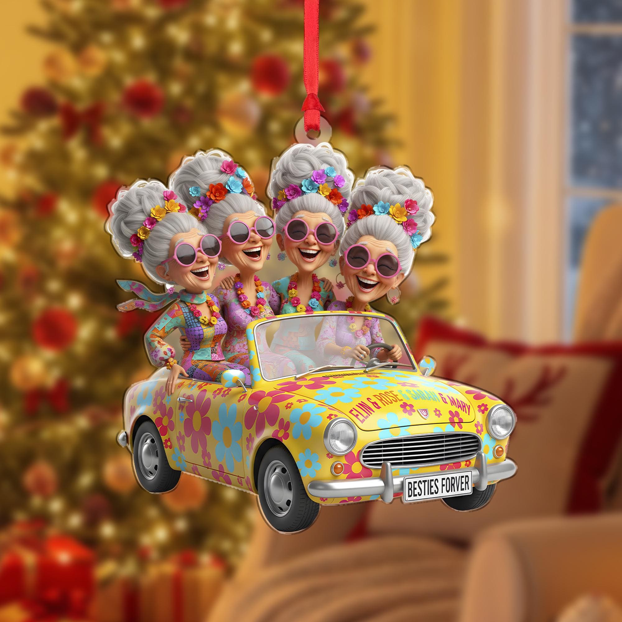 Personalized Acrylic Ornament: Elderly Friends in Car; Retro Hippie Style, Flower Power Convertible, Custom Name image 2