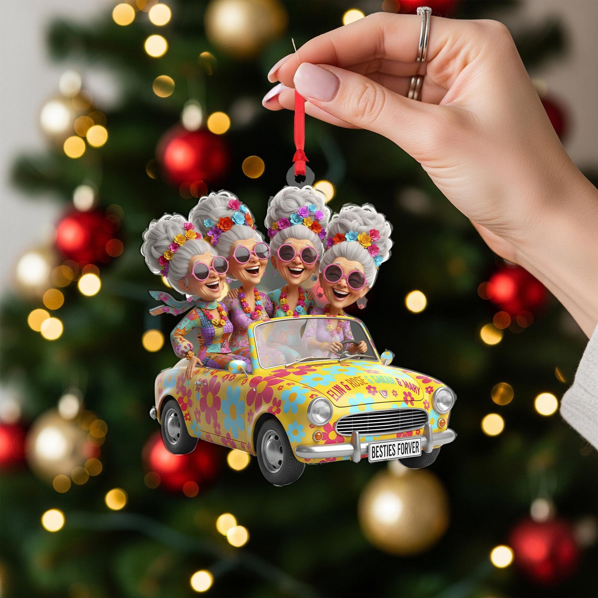 Personalized Acrylic Ornament: Retro Hippie Friends Car, Custom Name image 7