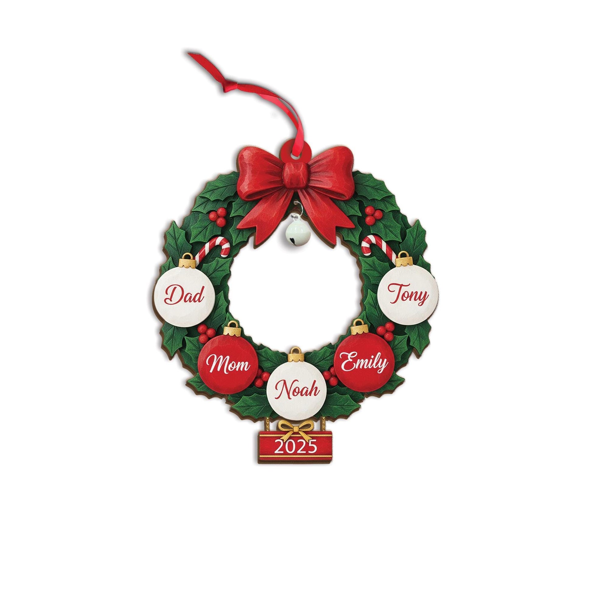 Custom Family Name Wreath Ornament - Personalized Christmas Keepsake with Bell Gift image 2