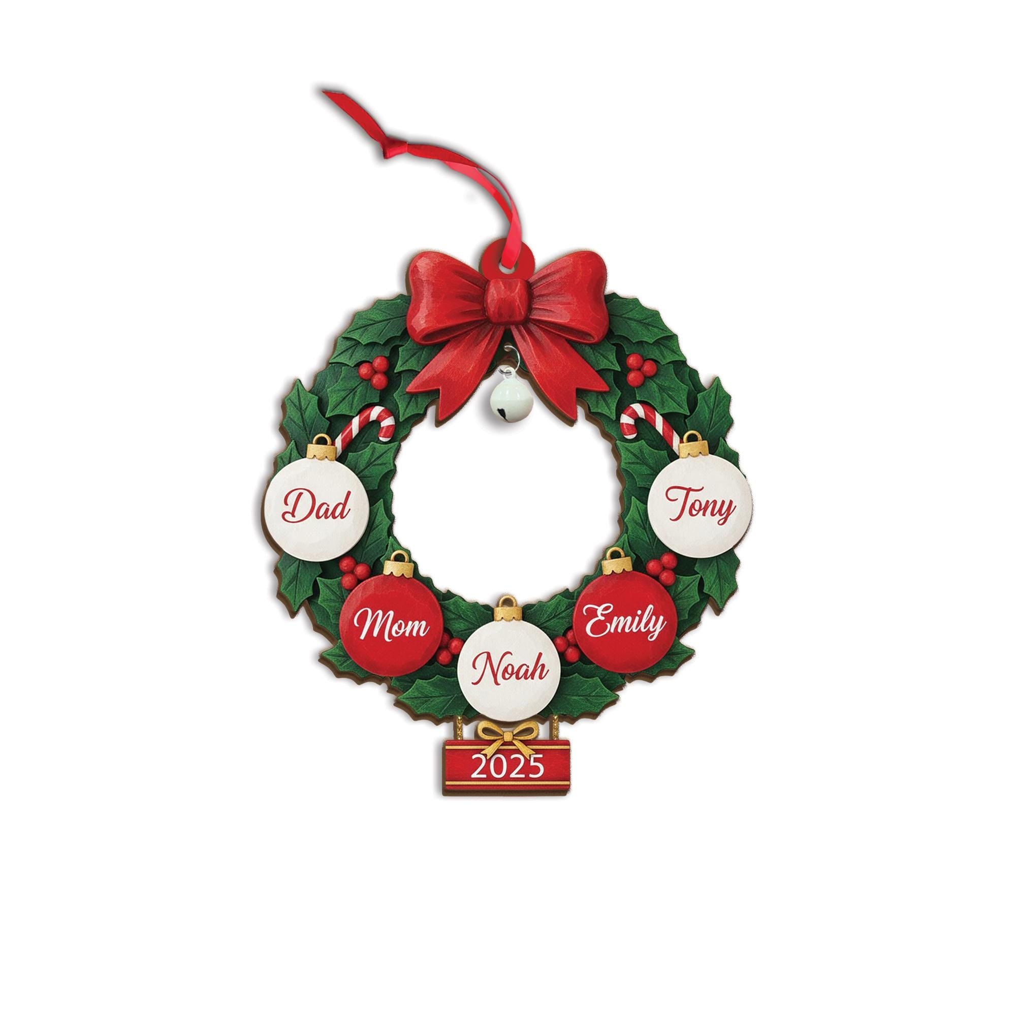 Custom Family Name Wreath Ornament - Personalized Christmas Keepsake with Bell Gift image 2