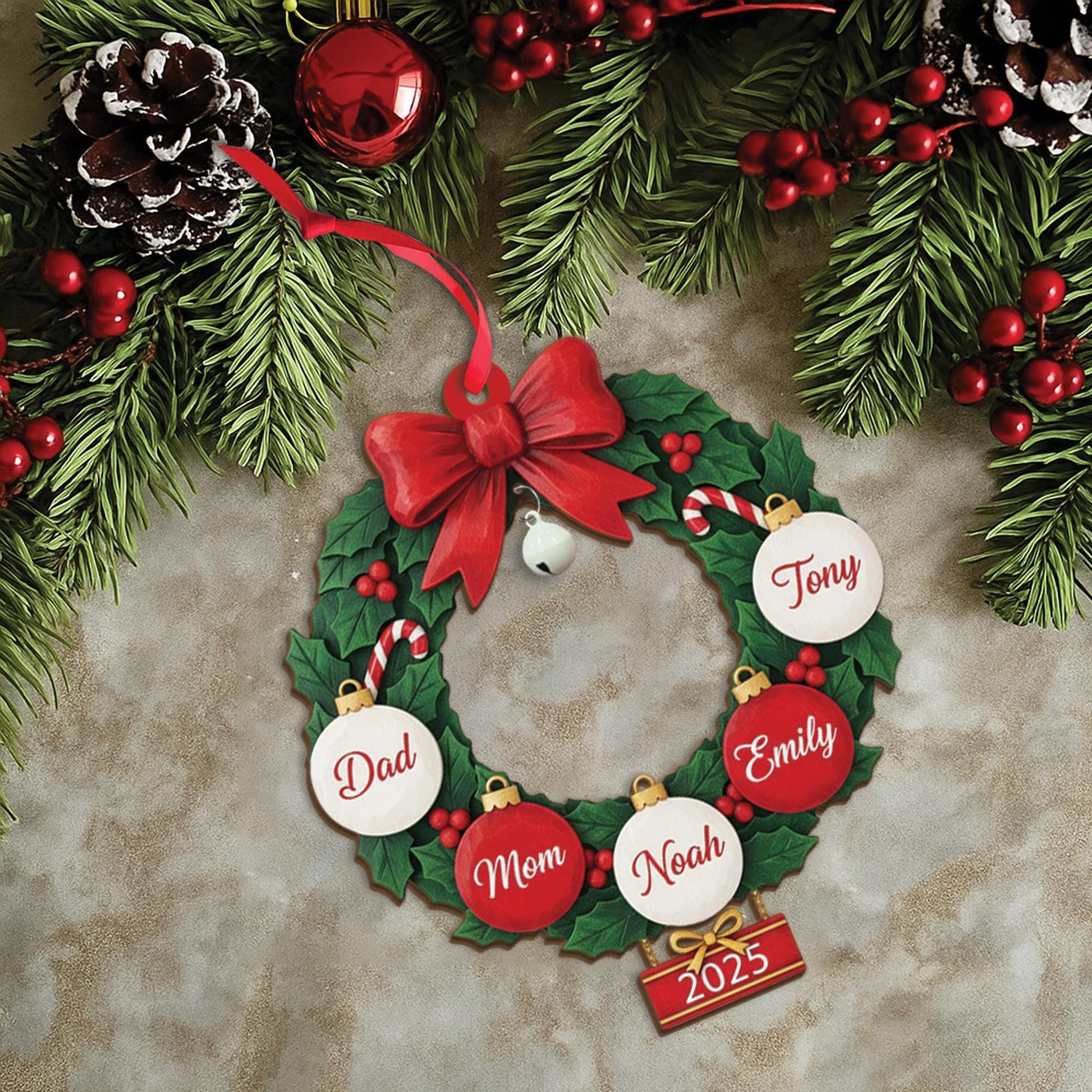 Custom Family Name Wreath Ornament - Personalized Christmas Keepsake with Bell Gift image 4