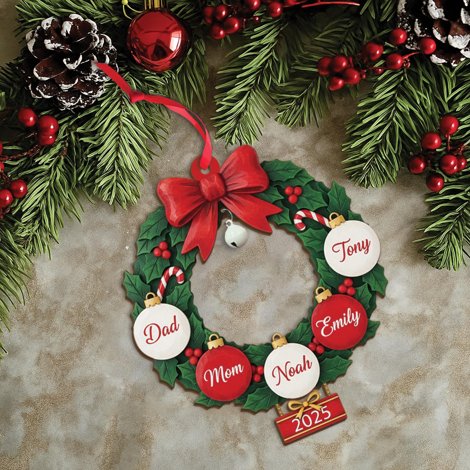 Custom Family Name Wreath Ornament - Personalized Christmas Keepsake with Bell Gift image 4