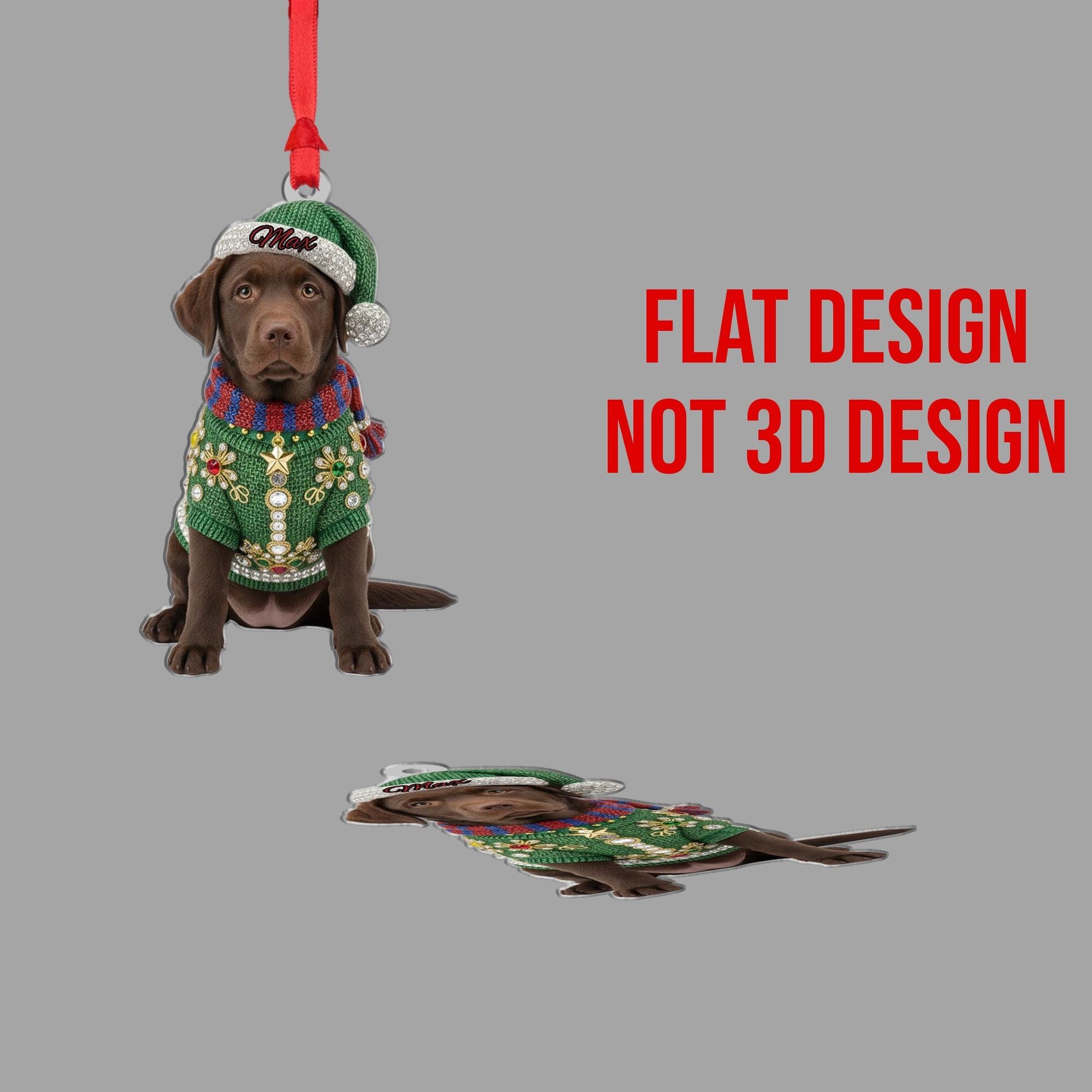 Personalized Acrylic Ornament: Chocolate Lab Puppy; Jeweled Christmas Sweater, Custom Name Hat image 3