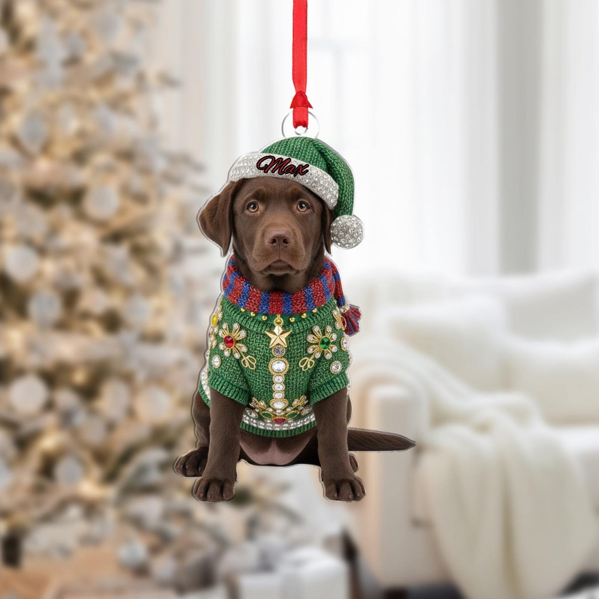 Personalized Acrylic Ornament: Chocolate Lab Puppy; Jeweled Christmas Sweater, Custom Name Hat image 1