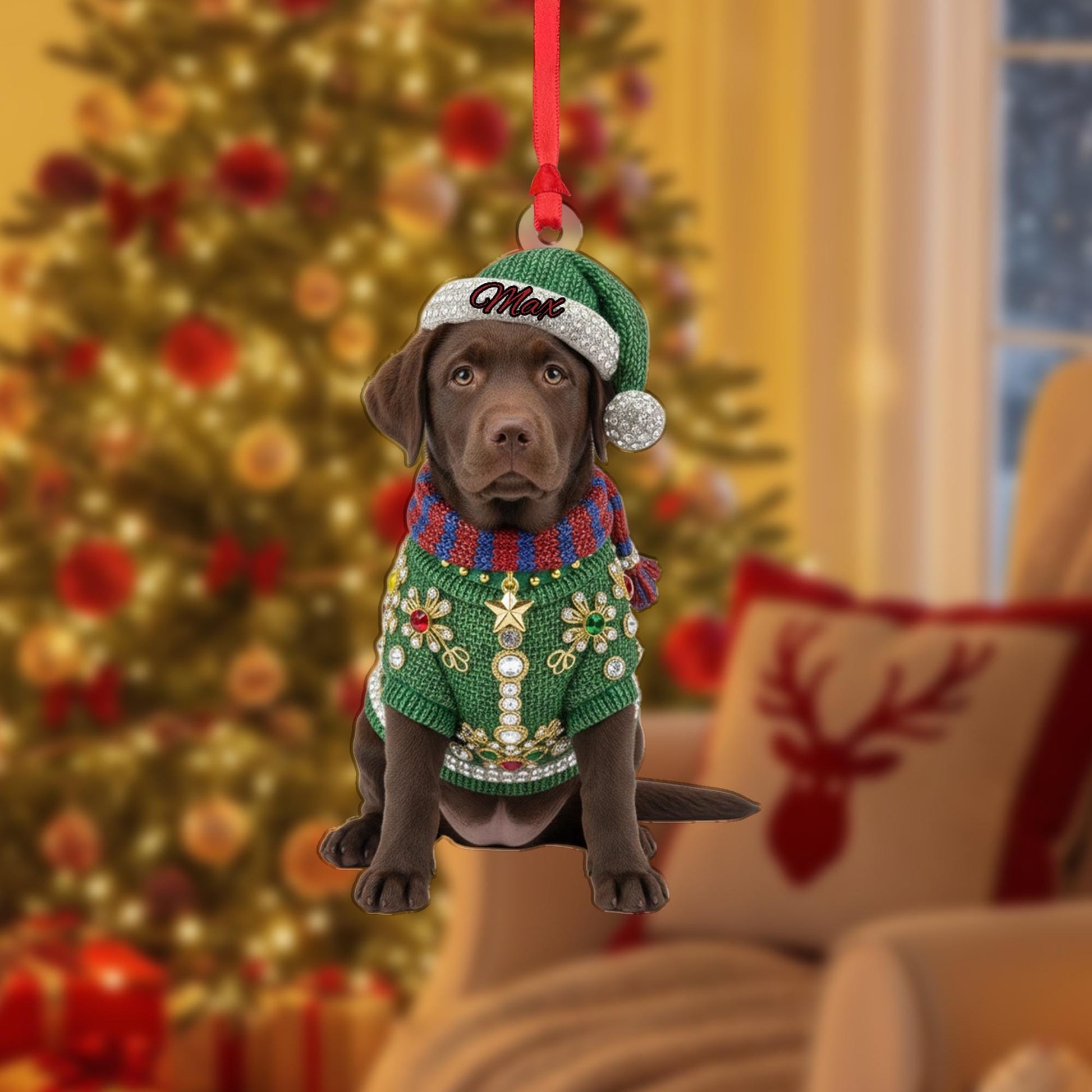 Personalized Acrylic Ornament: Chocolate Lab Puppy; Jeweled Christmas Sweater, Custom Name Hat image 2