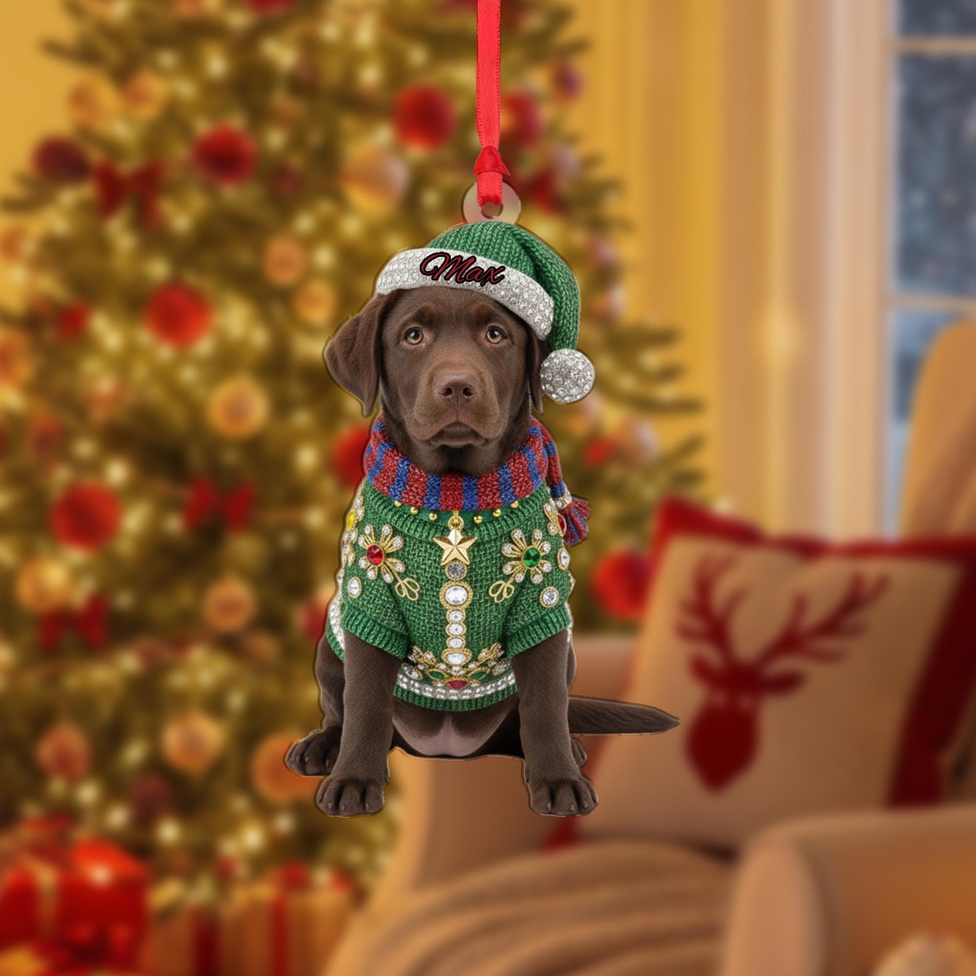 Personalized Acrylic Ornament: Chocolate Lab Puppy; Jeweled Christmas Sweater, Custom Name Hat image 2
