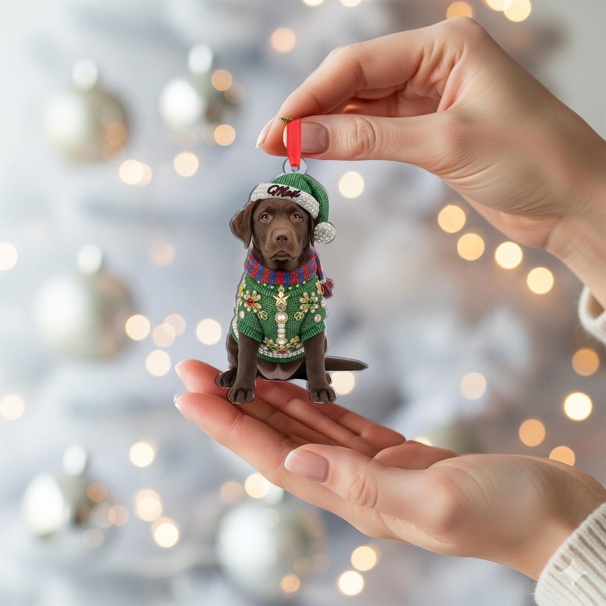 Personalized Acrylic Ornament: Chocolate Lab Puppy; Jeweled Christmas Sweater, Custom Name Hat image 4