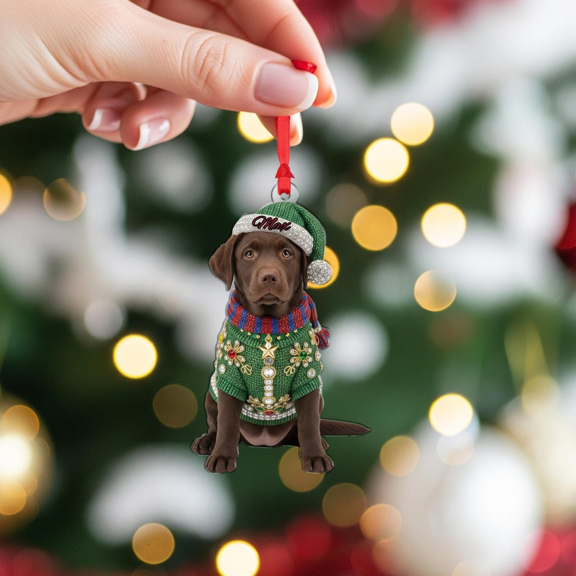 Personalized Acrylic Ornament: Chocolate Lab Puppy; Jeweled Christmas Sweater, Custom Name Hat image 5