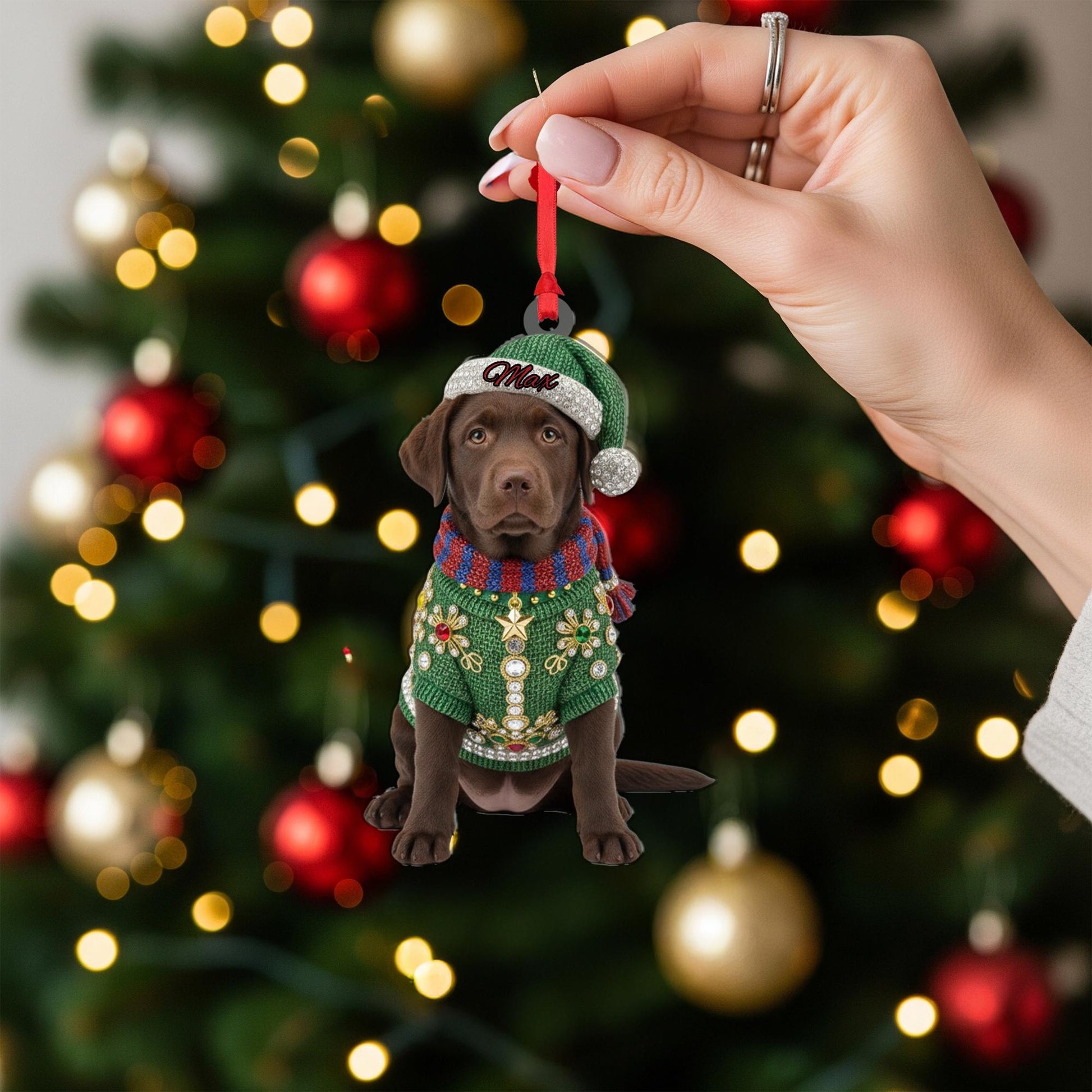 Personalized Acrylic Ornament: Chocolate Lab Puppy; Jeweled Christmas Sweater, Custom Name Hat image 7