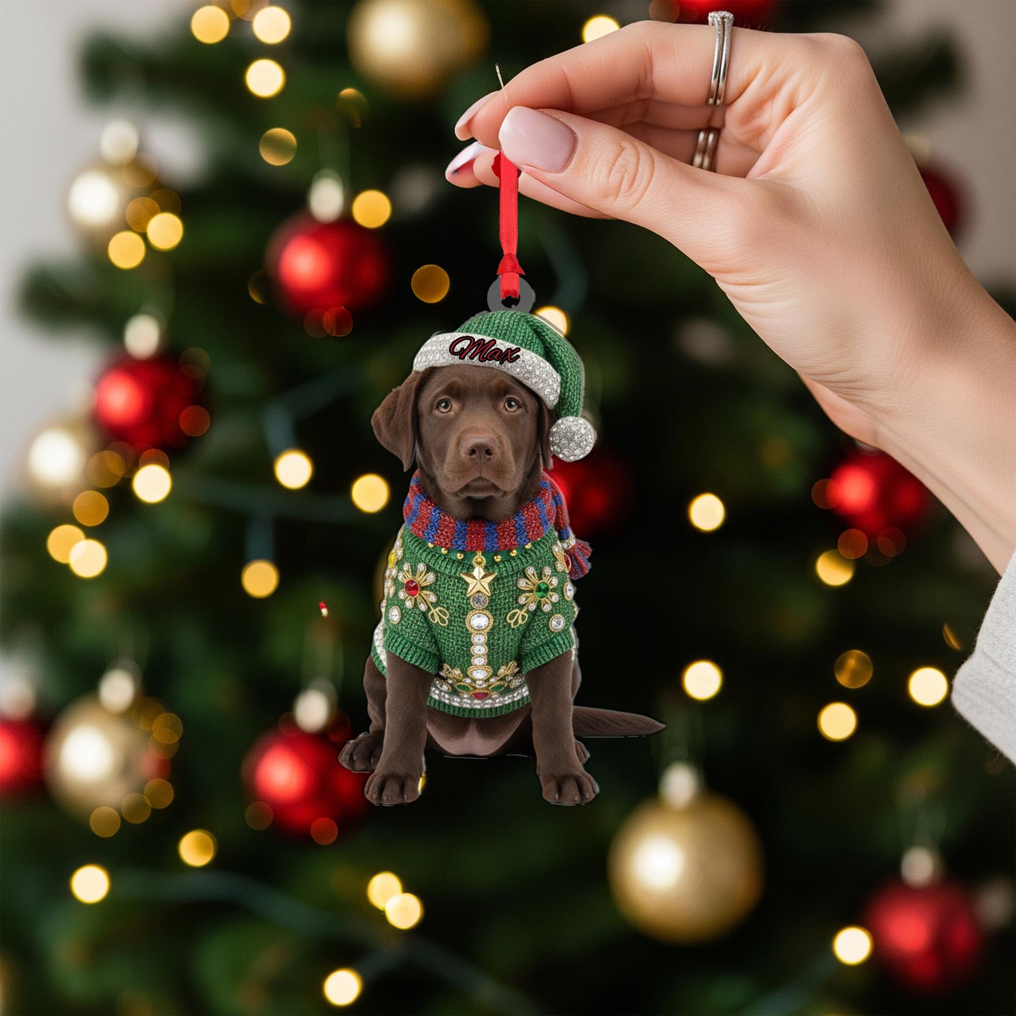 Personalized Acrylic Ornament: Chocolate Lab Puppy; Jeweled Christmas Sweater, Custom Name Hat image 7