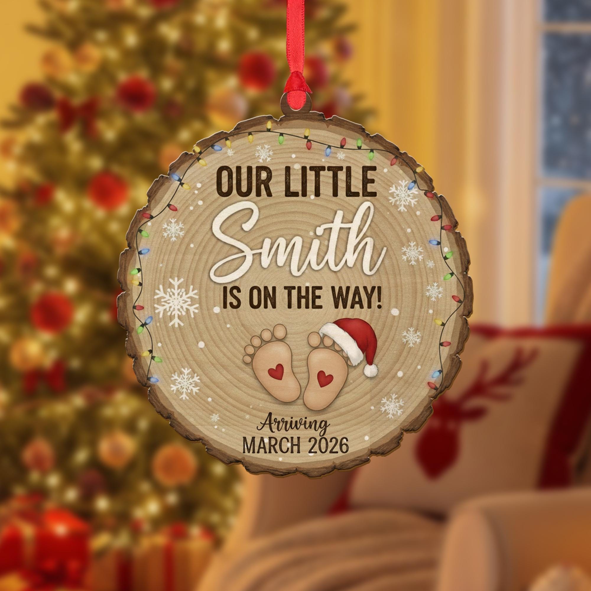 Personalized Wood Ornament – Pregnancy Announcement, Baby Arrival Keepsake, Custom Family Name Decor image 1