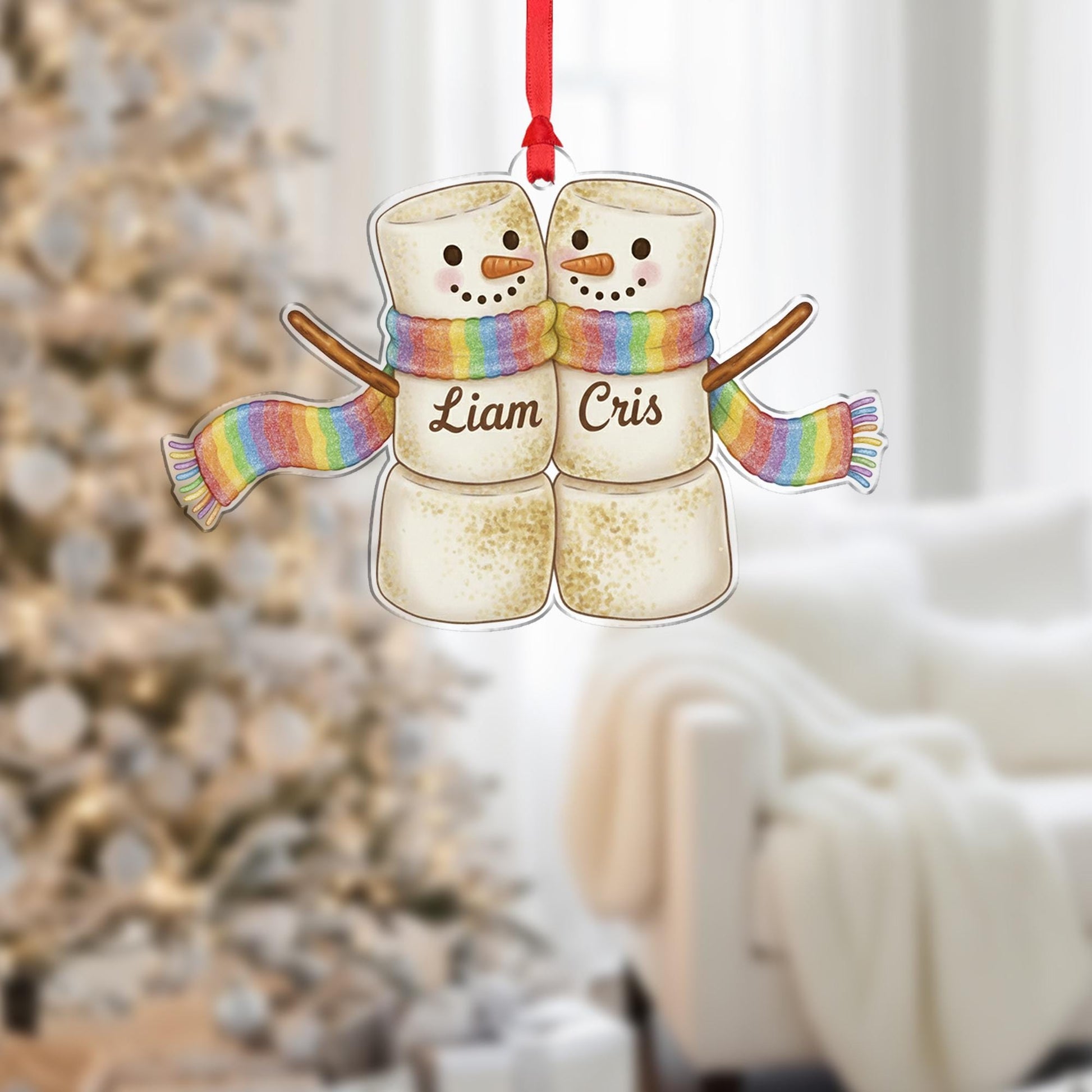 Personalized Acrylic Ornament – Marshmallow Couple Design, Custom Name Christmas Decoration, Holiday Keepsake image 1