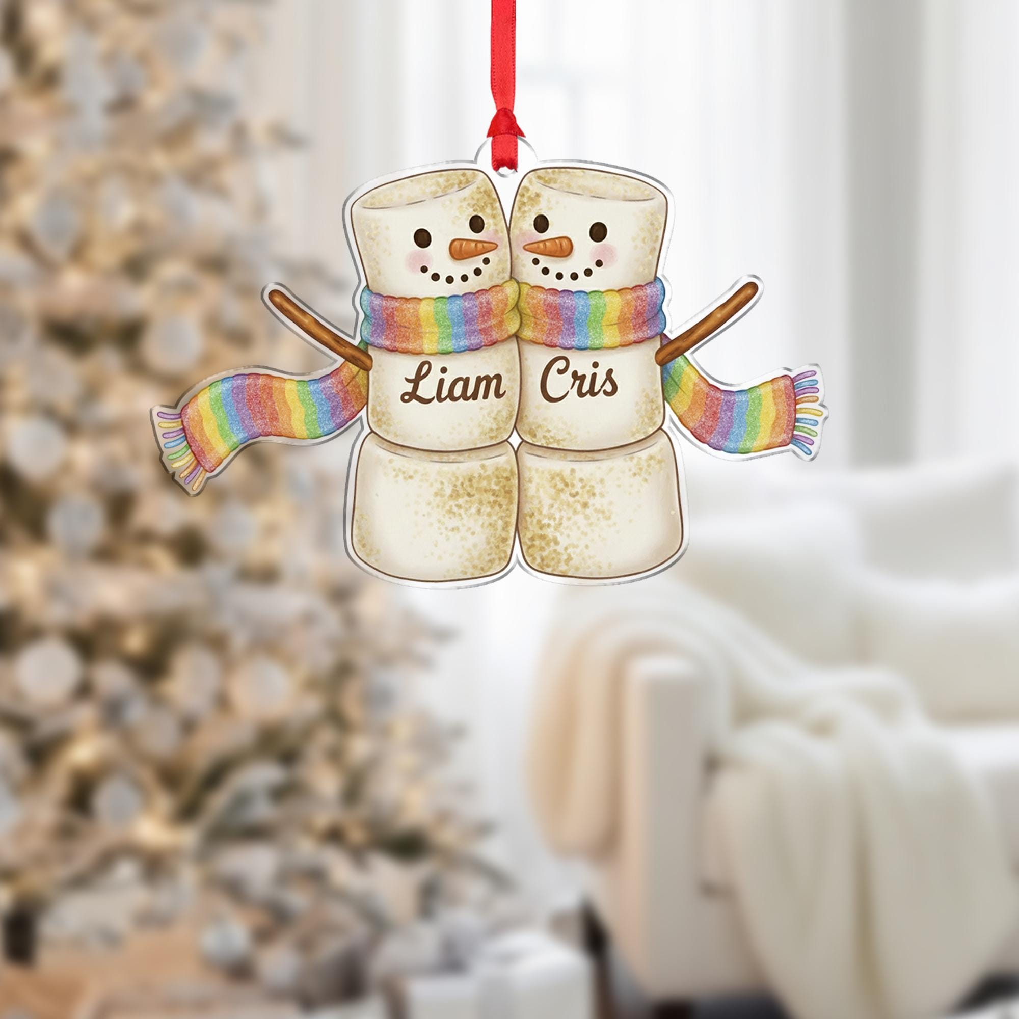 Personalized Acrylic Ornament – Marshmallow Couple Design, Custom Name Christmas Decoration, Holiday Keepsake image 1