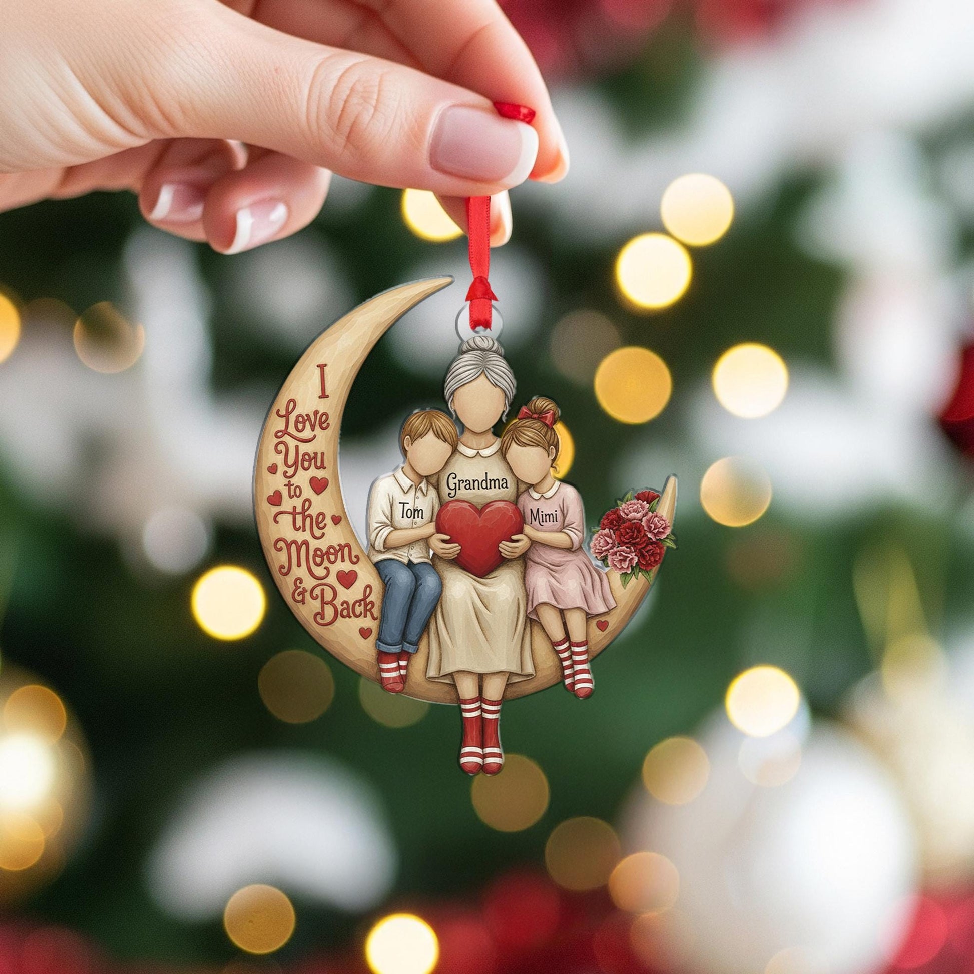 Personalized Acrylic Ornament – Family on Moon Design, Custom Name Decoration, Heart Theme Keepsake image 2