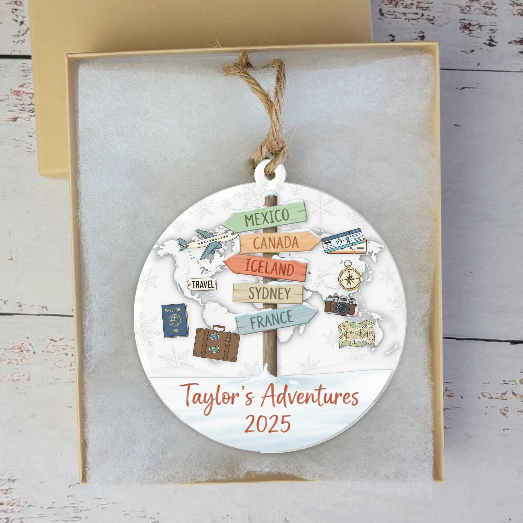 Personalized Travel Adventure Ornament 2025 – 3 Layer Acrylic Shaker with Map, Airplane & Signpost Design image 5