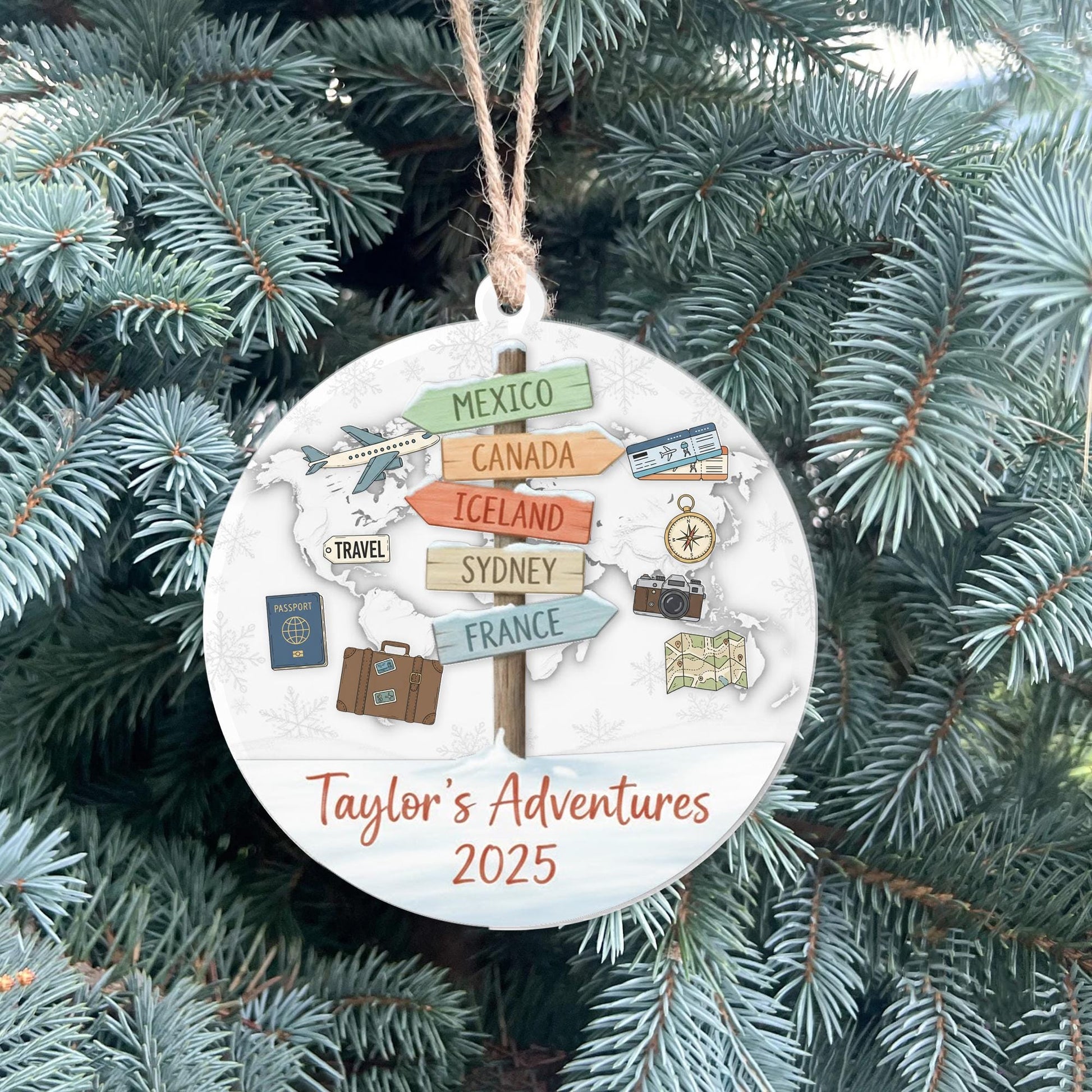 Personalized Travel Adventure Ornament 2025 – 3 Layer Acrylic Shaker with Map, Airplane & Signpost Design image 2
