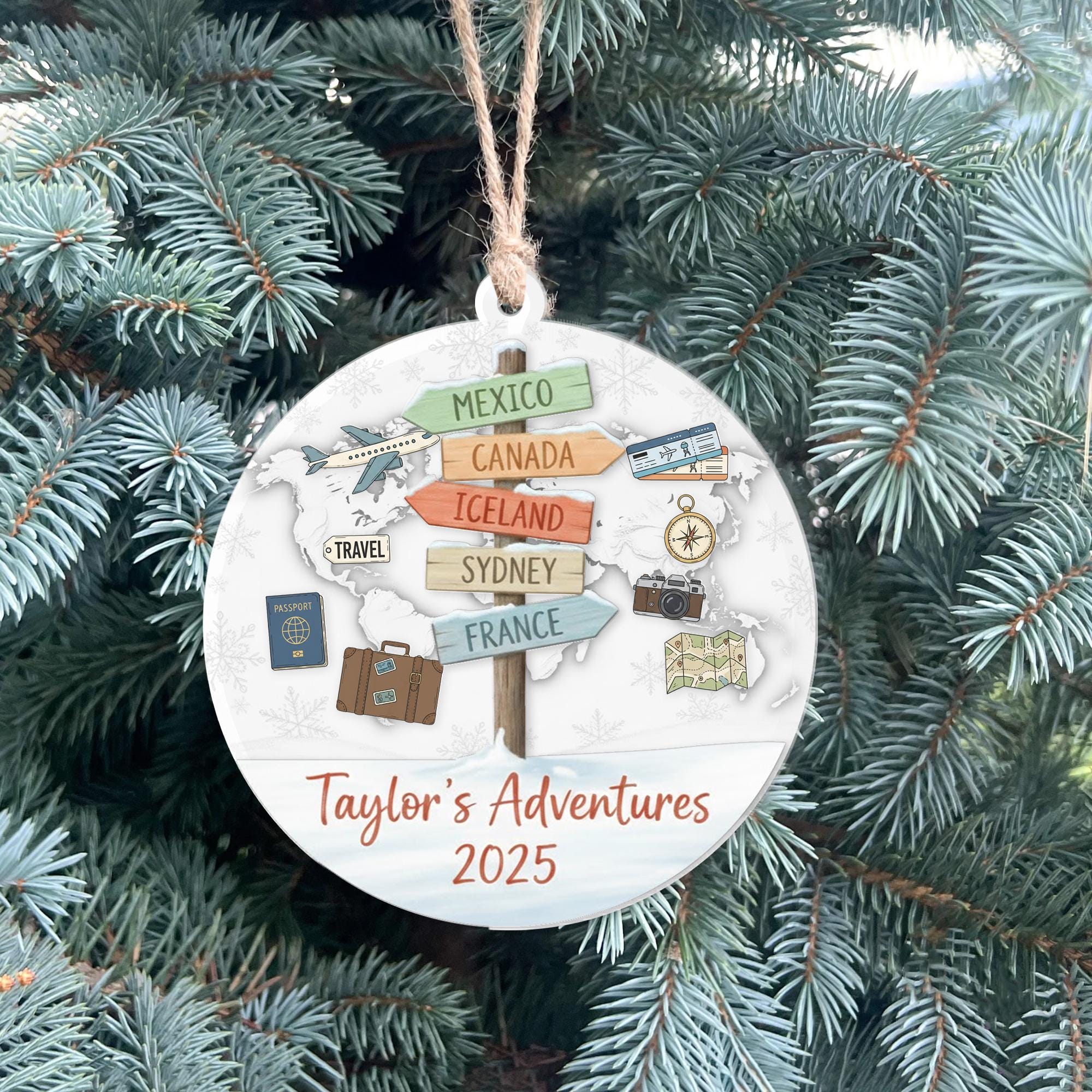 Personalized Travel Adventure Ornament 2025 – 3 Layer Acrylic Shaker with Map, Airplane & Signpost Design image 2