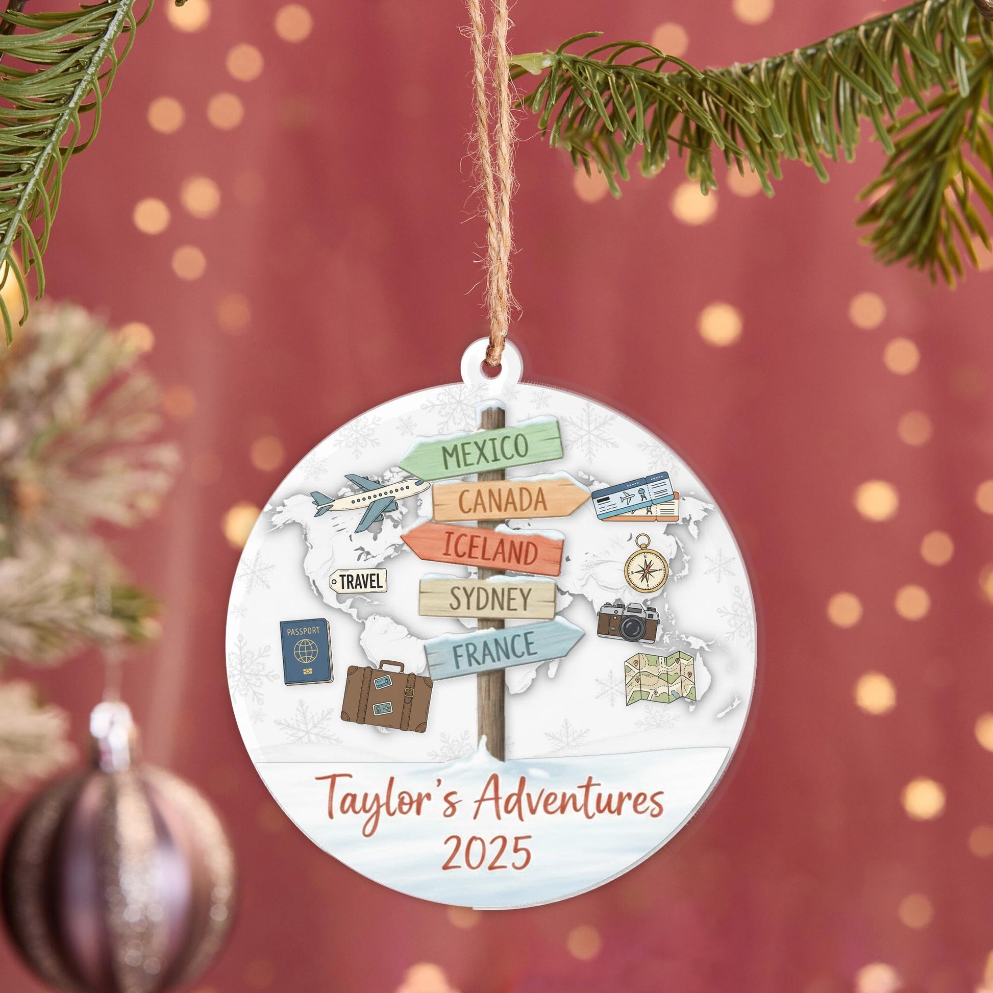 Personalized Travel Adventure Ornament 2025 – 3 Layer Acrylic Shaker with Map, Airplane & Signpost Design image 1