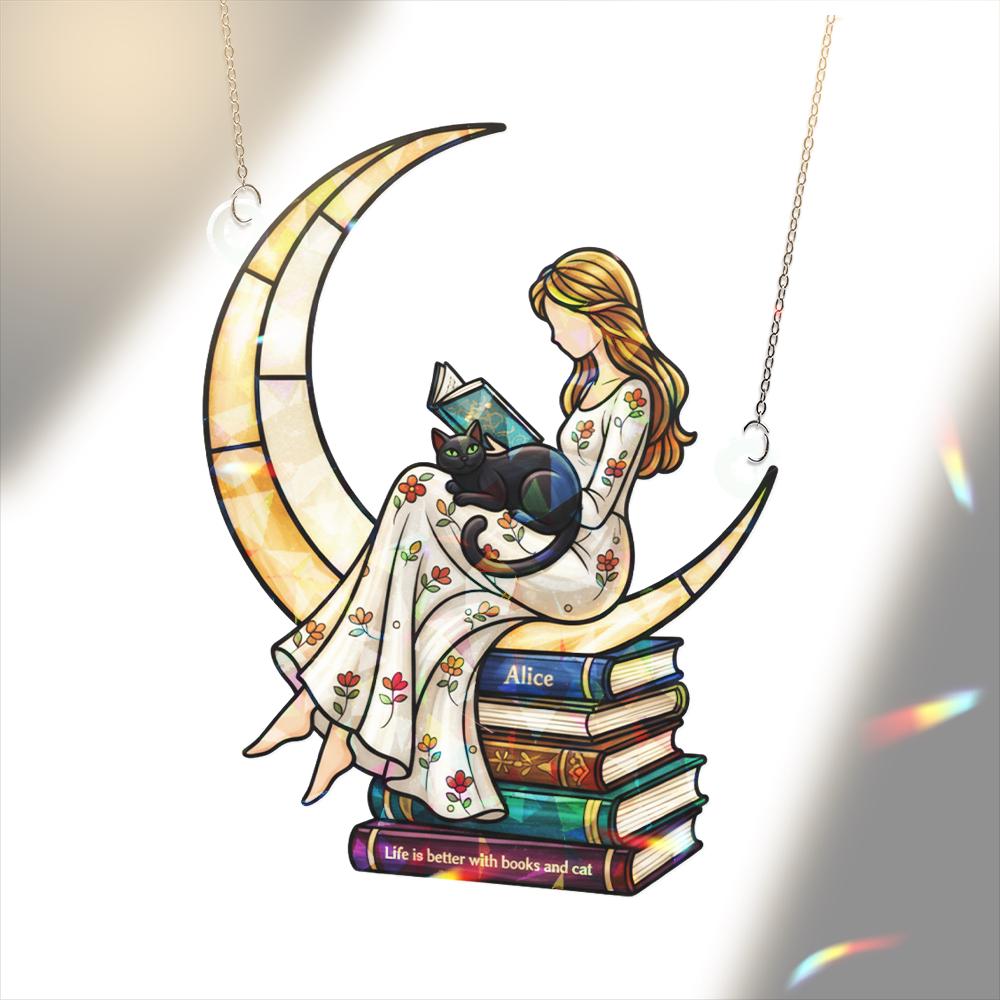 Personalized Book Lover Moon Window Hanging – Cat and Girl Suncatcher Gift for Readers image 5