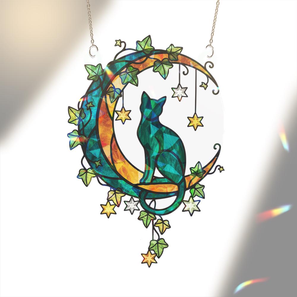 Cat on Crescent Moon Window Hanging – Starry Night Suncatcher Gift for Cat Lovers image 3