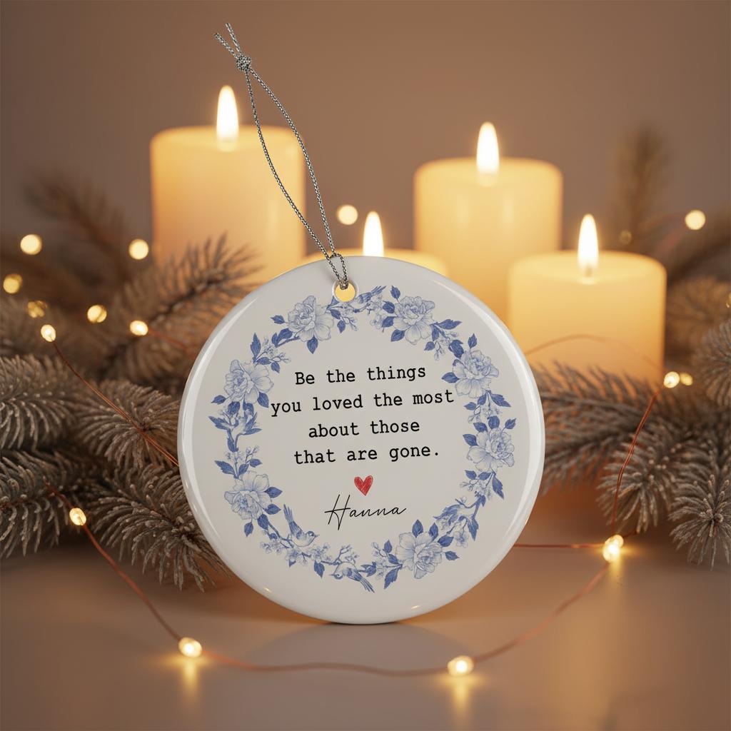 Personalized Ceramic Memorial Ornament: Sympathy Keepsake with In Loving Memory Quote, Blue Floral Wreath image 2
