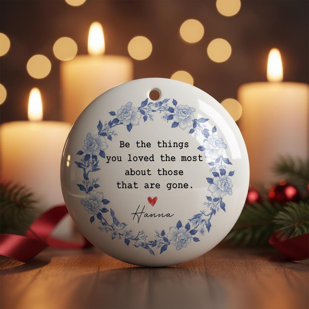 Personalized Ceramic Memorial Ornament: Sympathy Keepsake with In Loving Memory Quote, Blue Floral Wreath image 3