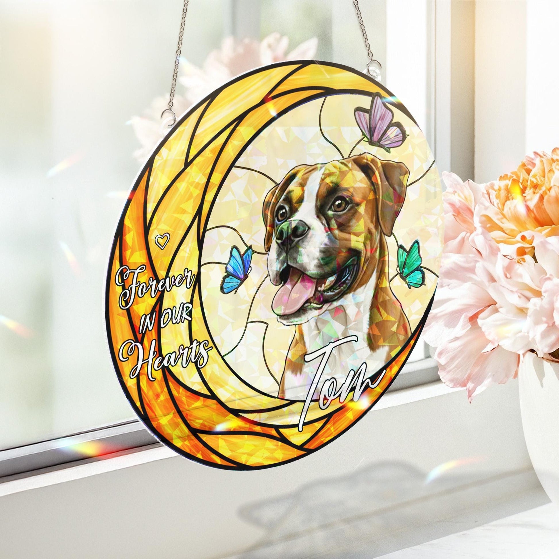Personalized Acrylic Dog Memorial Suncatcher: Sympathy Keepsake with Boxer Portrait, Hologram Window Hanging image 3