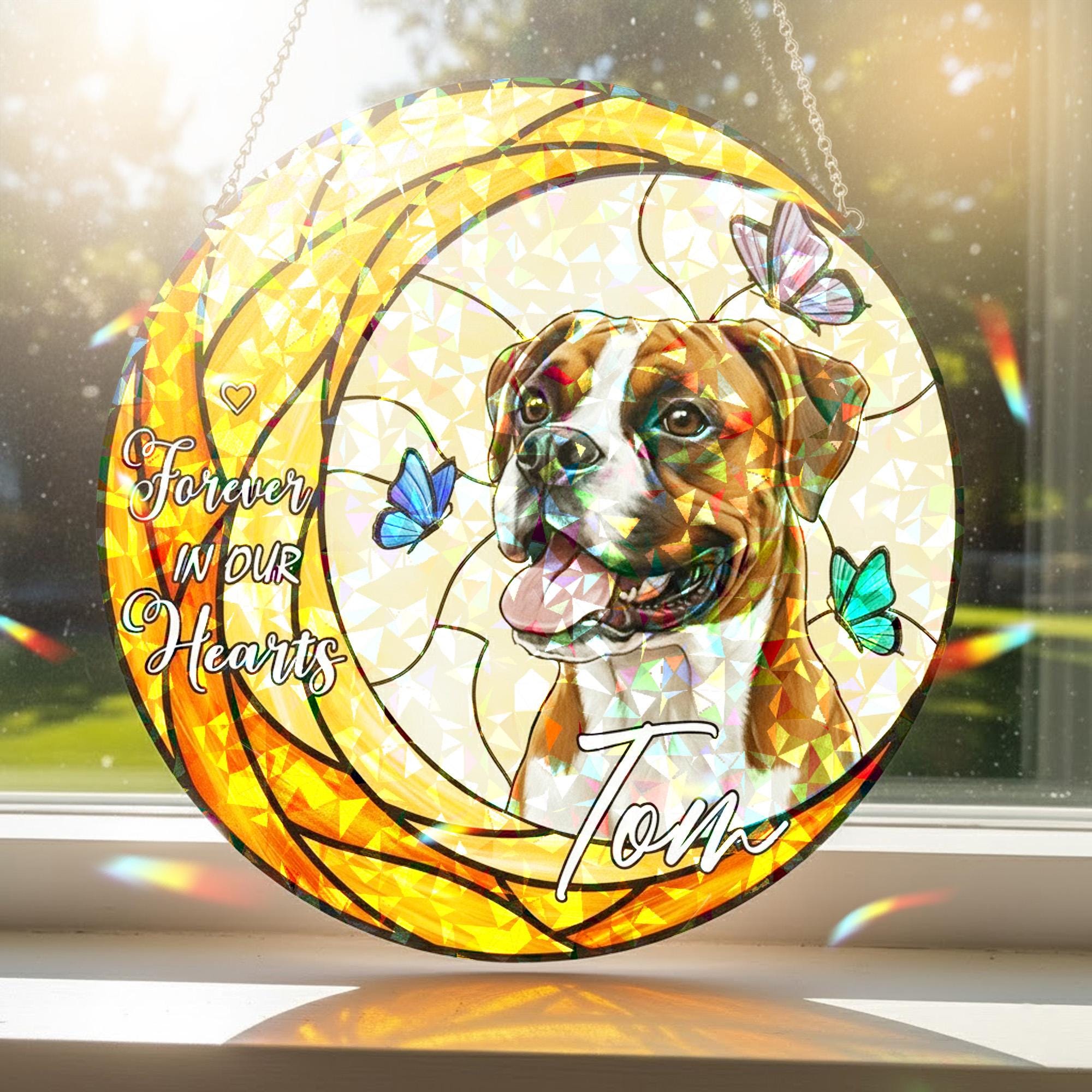 Personalized Acrylic Dog Memorial Suncatcher: Sympathy Keepsake with Boxer Portrait, Hologram Window Hanging image 2