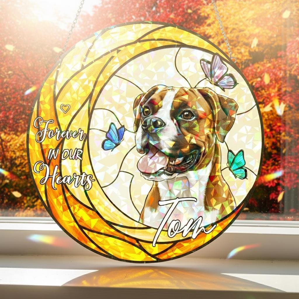 Personalized Acrylic Dog Memorial Suncatcher: Sympathy Keepsake with Boxer Portrait, Hologram Window Hanging image 1