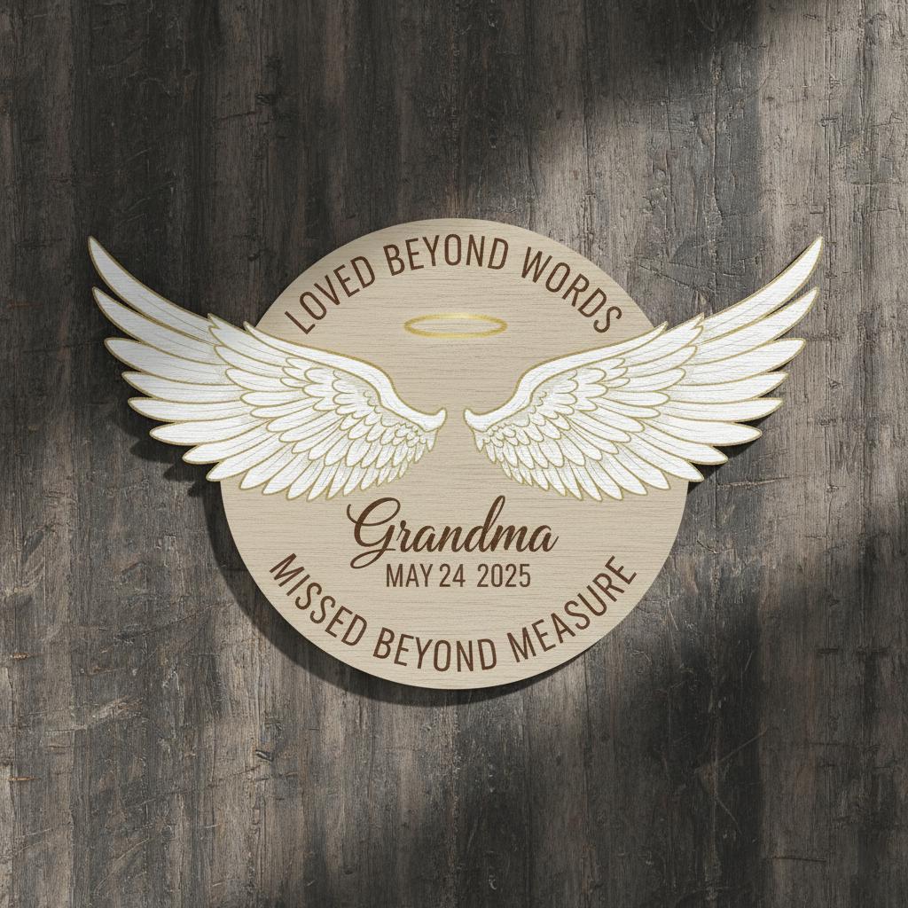Personalized Wooden Memorial Sign: Round Sympathy Plaque with 3D Angel Wings, Remembrance Wall Decor image 2