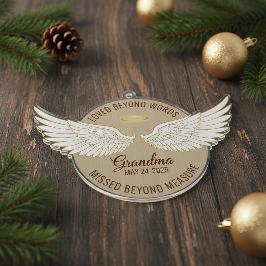 Personalized Acrylic Memorial Ornament: Sympathy Keepsake with Angel Wings, In Loving Memory Quote image 3
