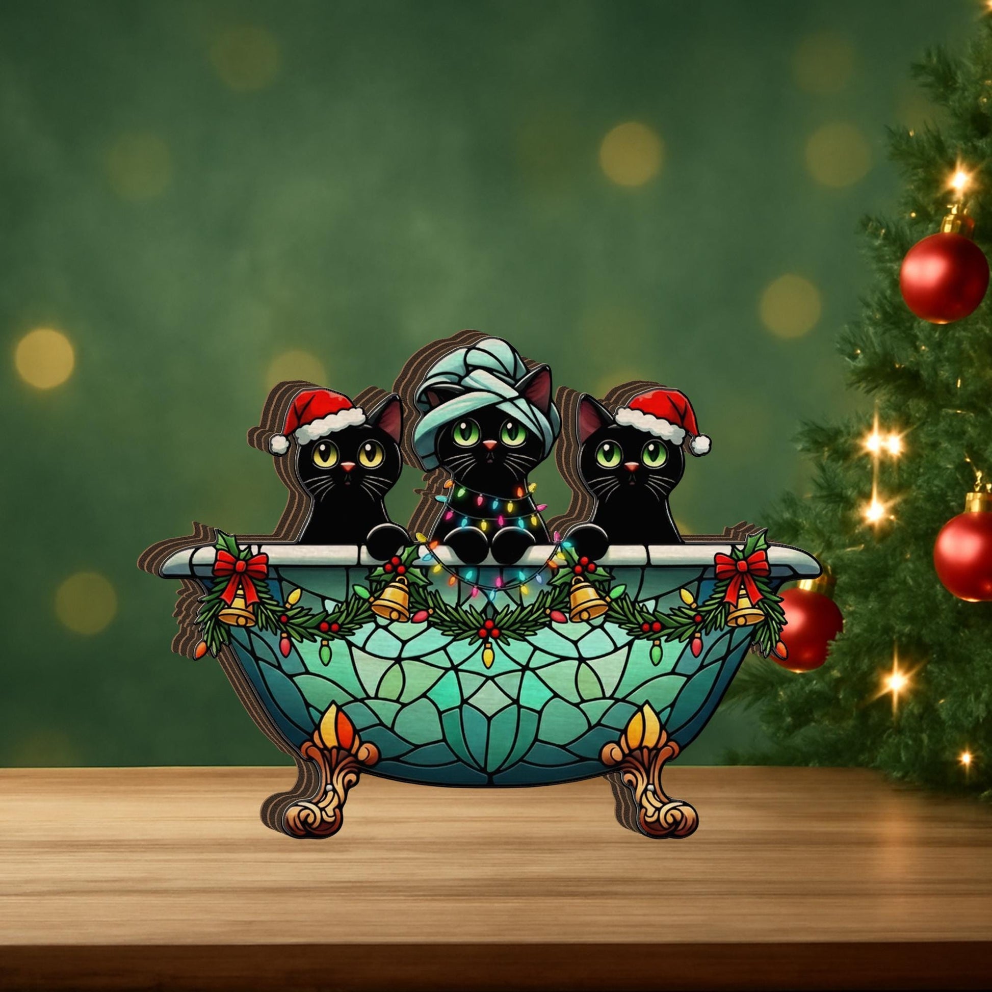 Christmas Cat Bathroom Decor Wooden Blocks: Winter Home Decoration Black Cat Tub Scene image 4