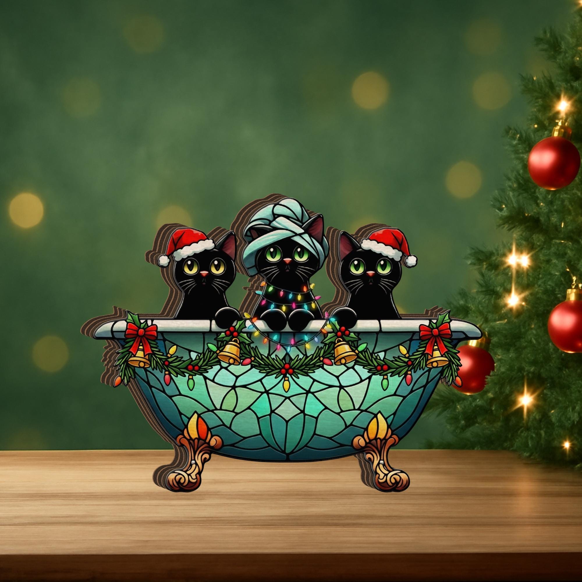 Christmas Cat Bathroom Decor Wooden Blocks: Winter Home Decoration Black Cat Tub Scene image 4