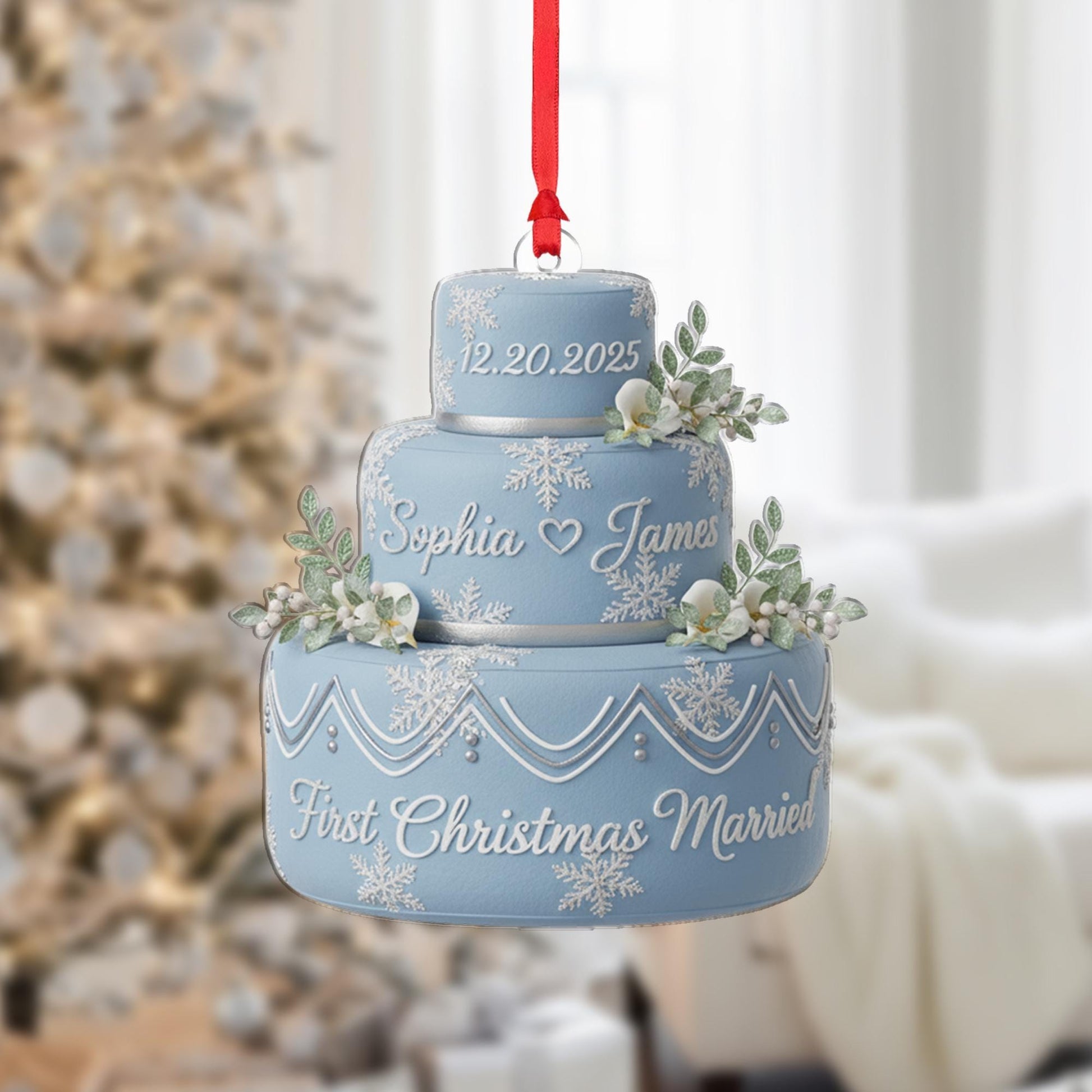 Personalized Acrylic Wedding Cake Ornament: First Christmas Married Keepsake with Custom Names and Date image 1