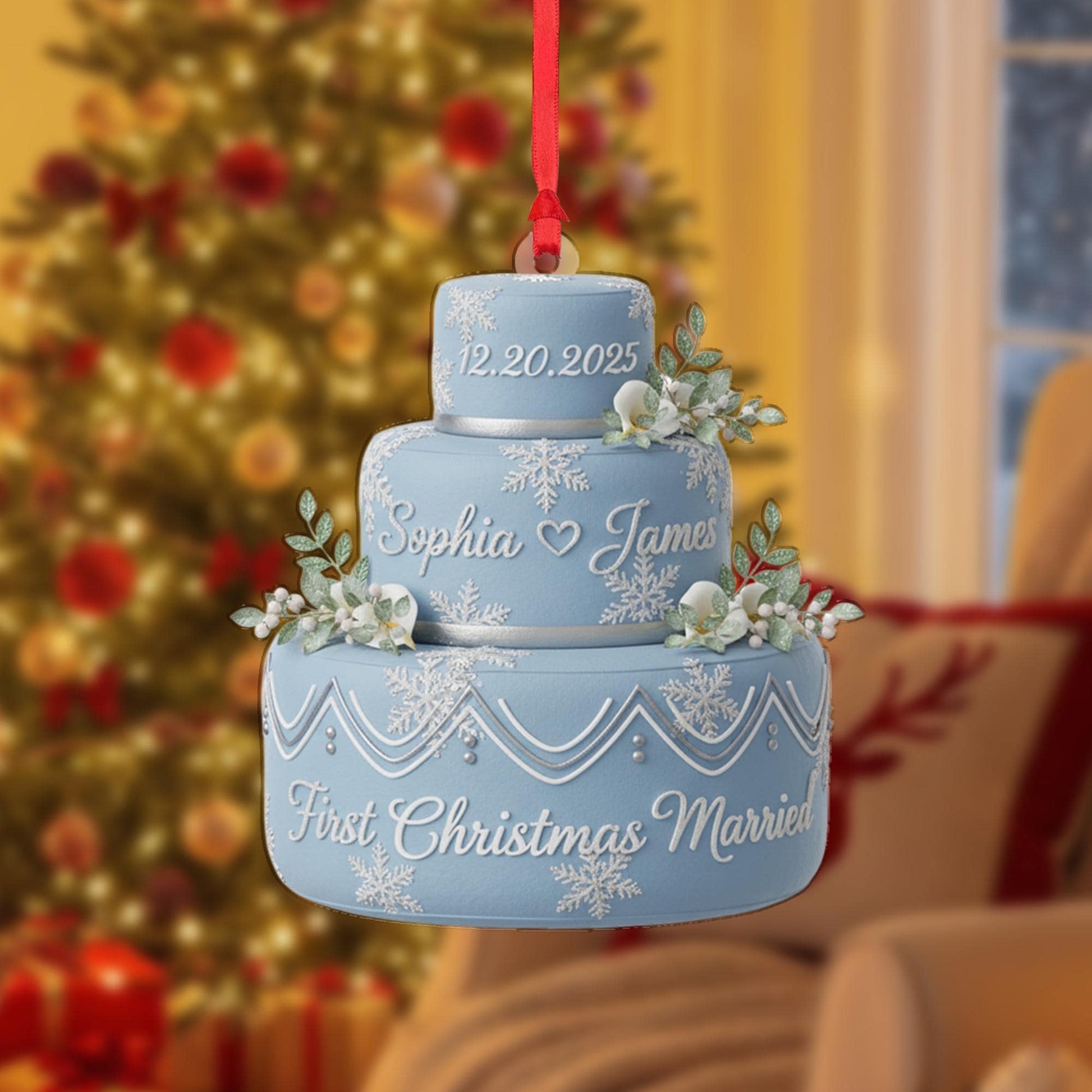 Personalized Acrylic Wedding Cake Ornament: First Christmas Married Keepsake with Custom Names and Date image 2
