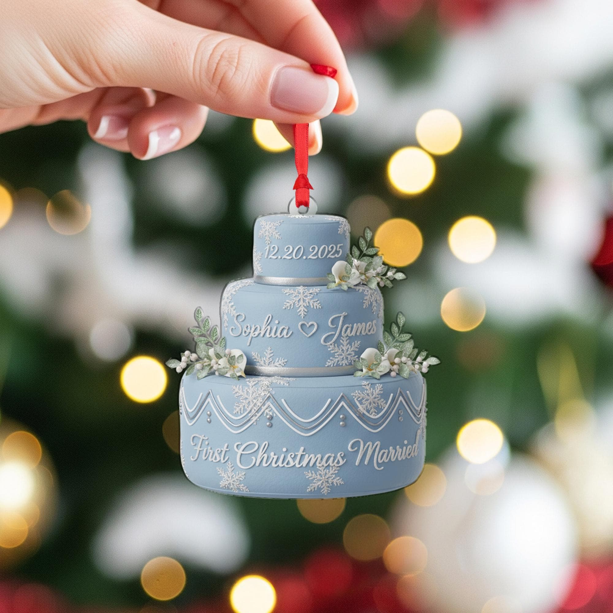 Personalized Acrylic Wedding Cake Ornament: First Christmas Married Keepsake with Custom Names and Date image 5