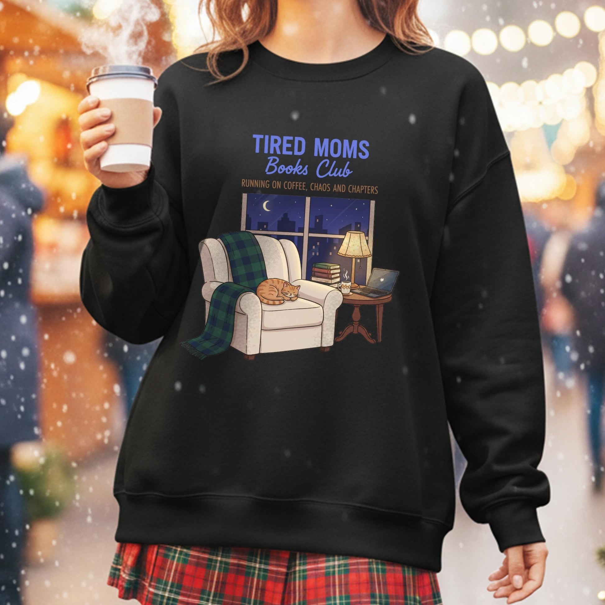 Tired Moms Book Club Sweatshirt: Cat & Coffee Graphic, Cozy Reading Apparel image 3