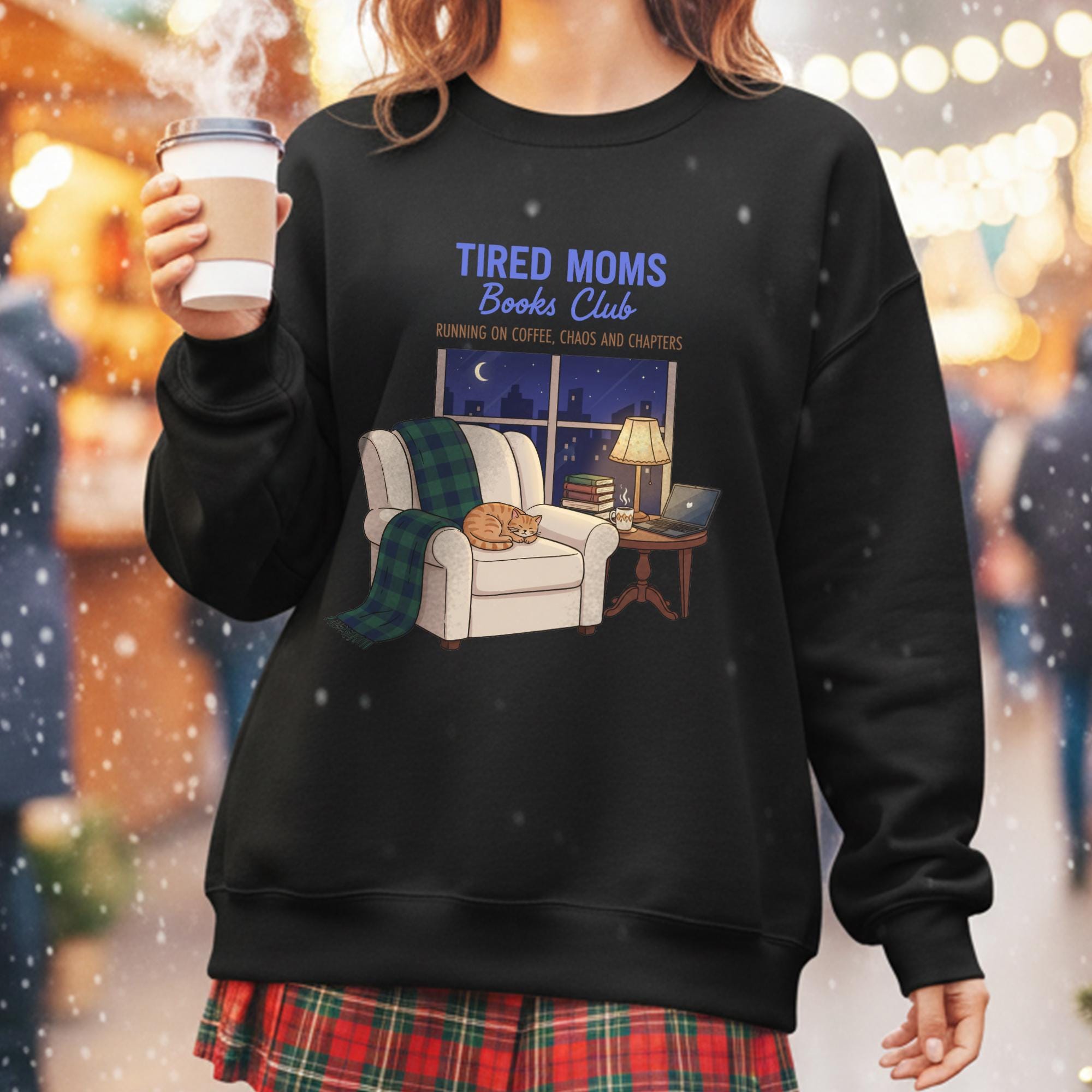 Tired Moms Book Club Sweatshirt: Cat & Coffee Graphic, Cozy Reading Apparel image 3