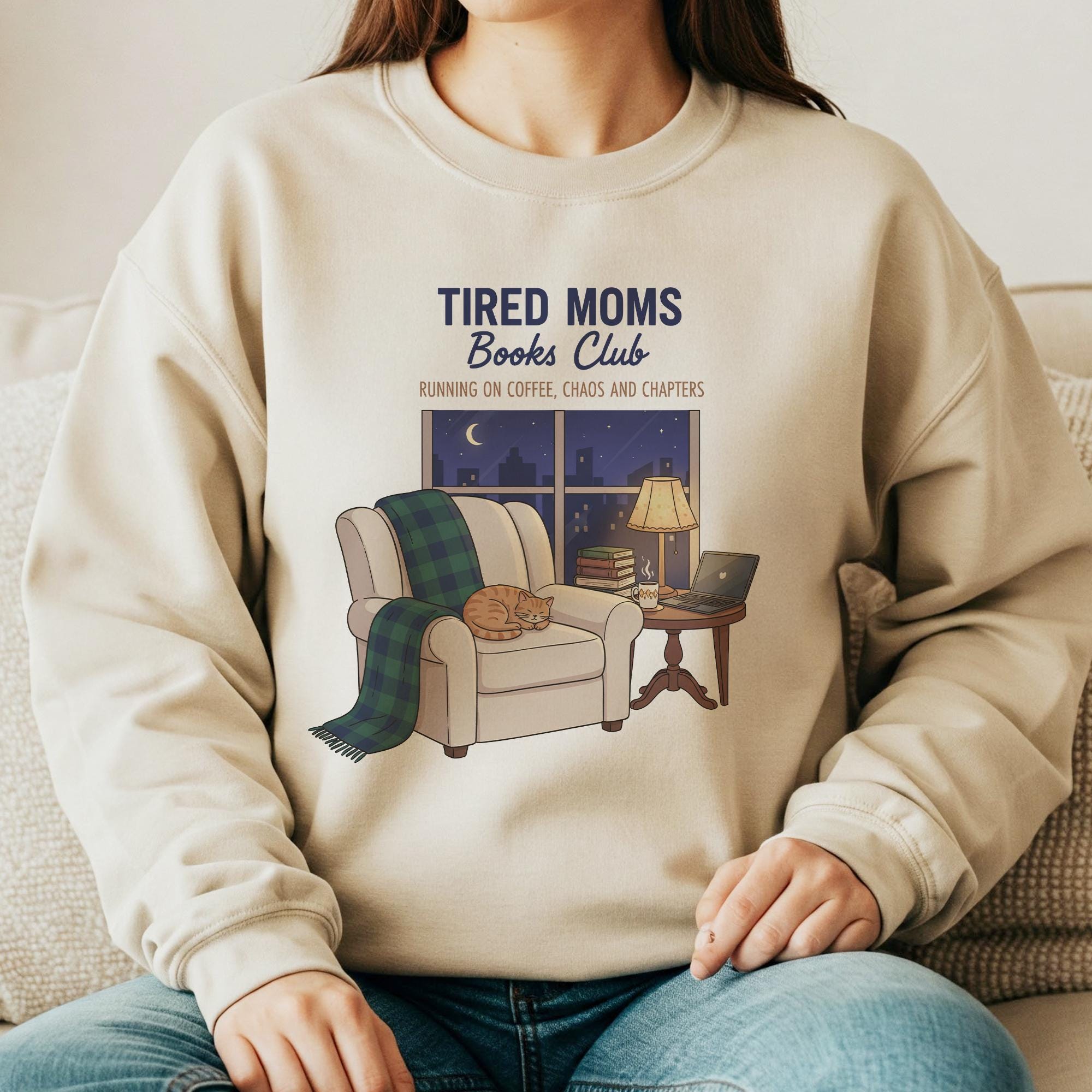 Tired Moms Book Club Sweatshirt: Cat & Coffee Graphic, Cozy Reading Apparel image 10