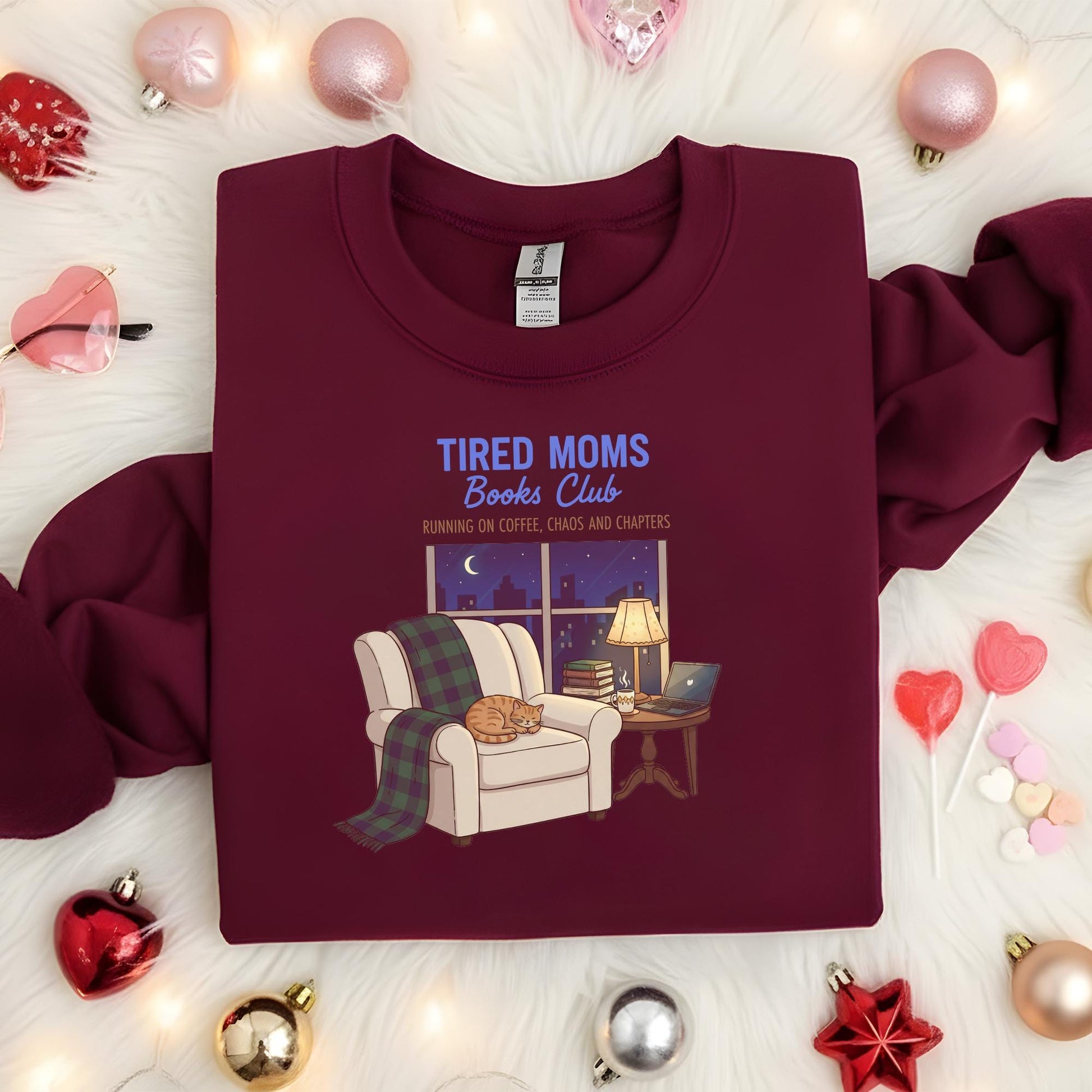 Tired Moms Book Club Sweatshirt: Cat & Coffee Graphic, Cozy Reading Apparel image 11