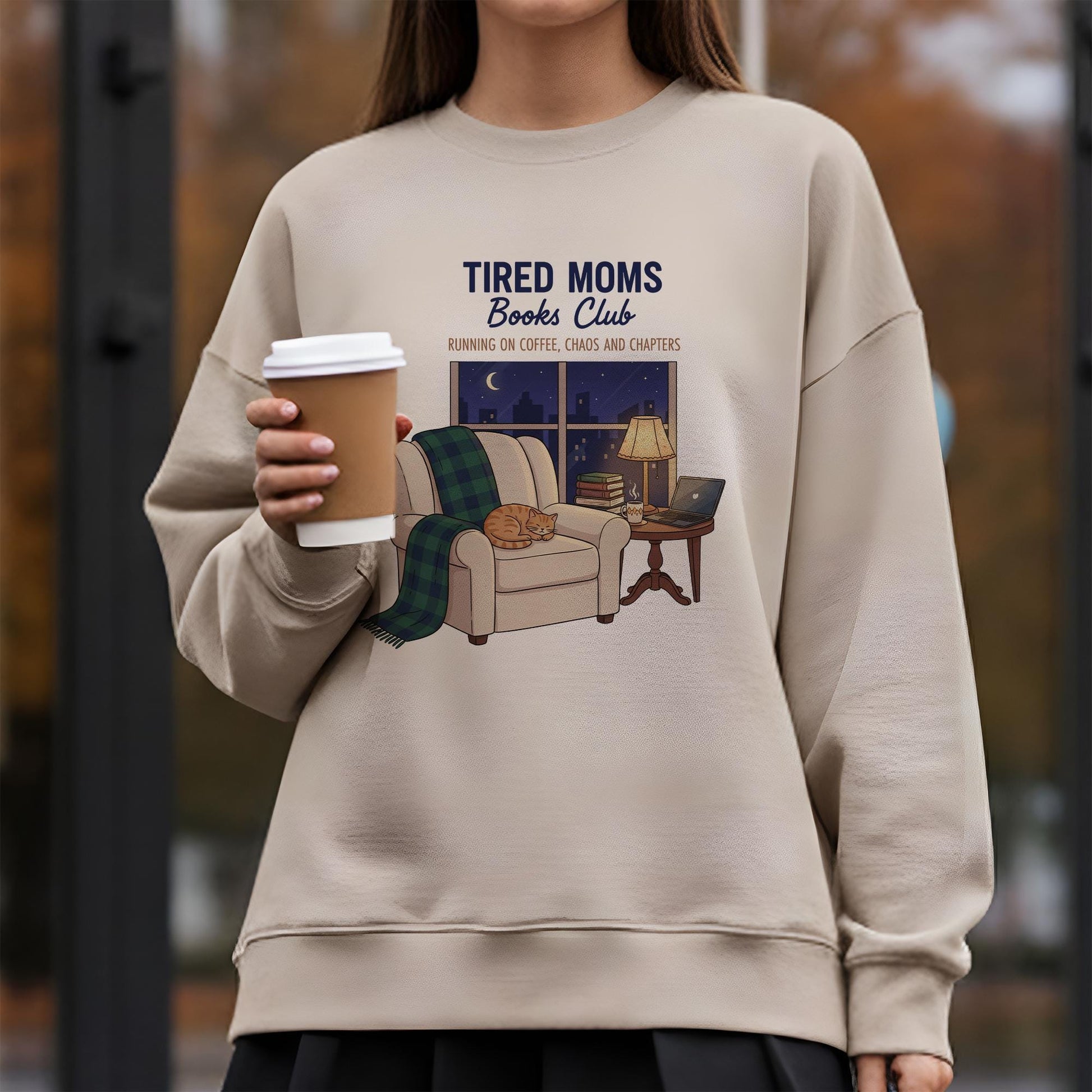 Tired Moms Book Club Sweatshirt: Cat & Coffee Graphic, Cozy Reading Apparel image 4