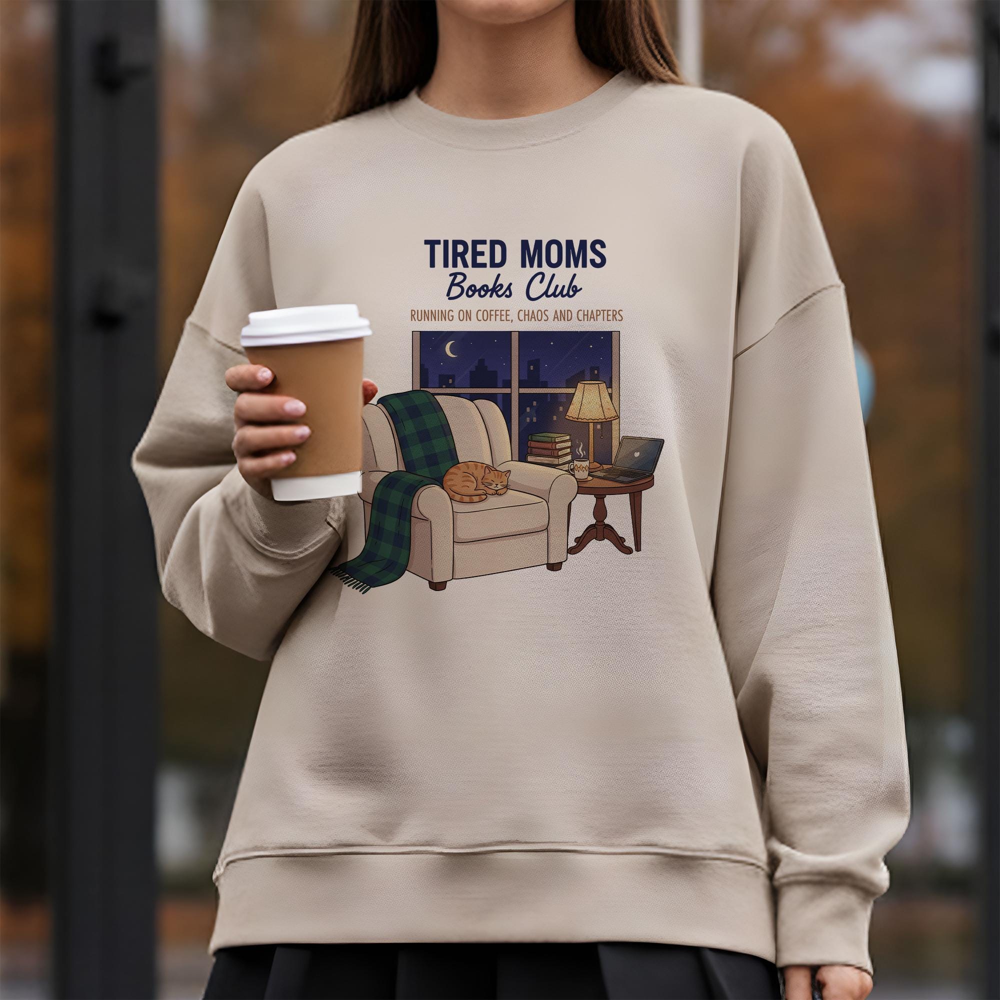 Tired Moms Book Club Sweatshirt: Cat & Coffee Graphic, Cozy Reading Apparel image 4