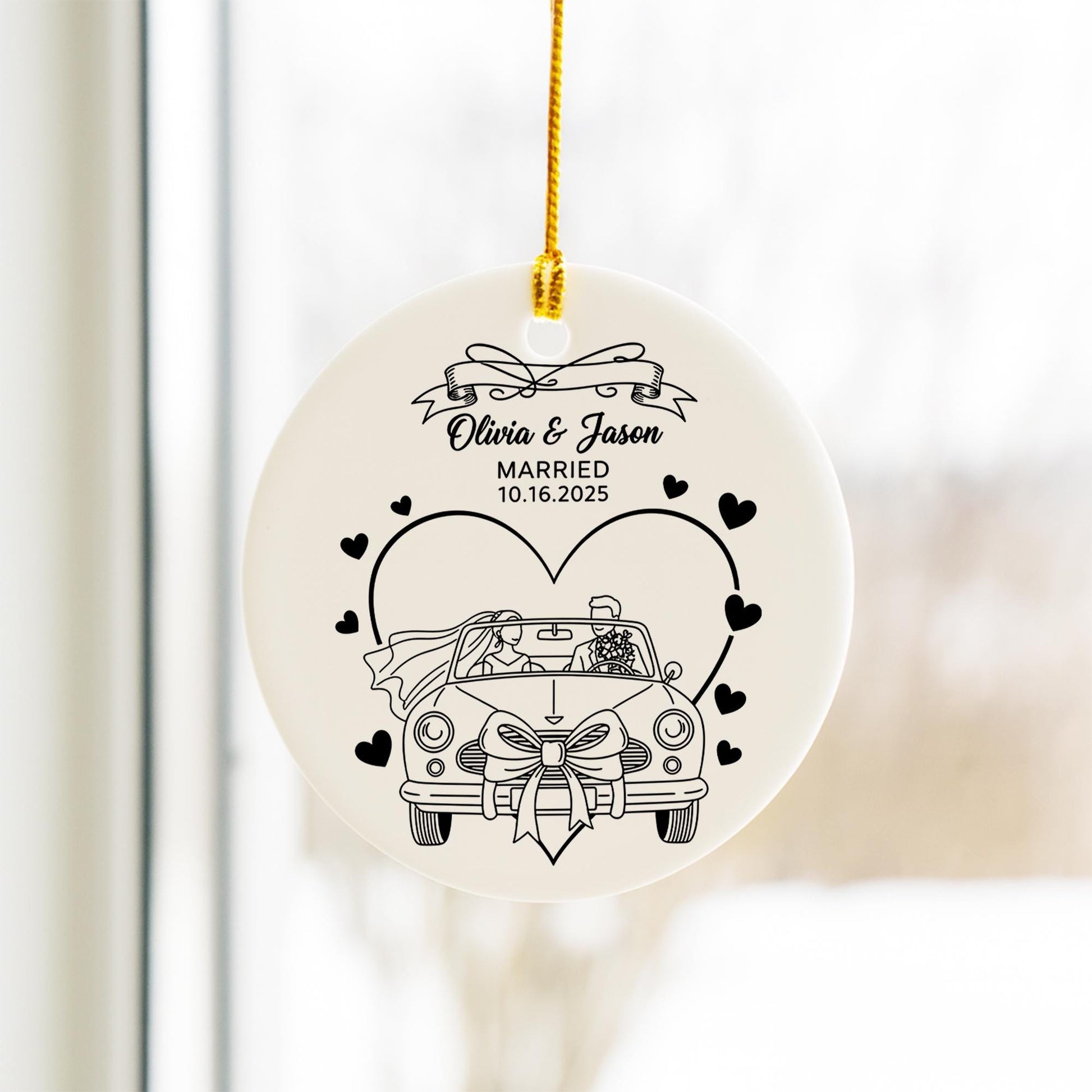 Personalized Ceramic Wedding Ornament: First Christmas Married Keepsake with Just Married Car Graphic image 2