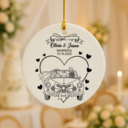 Personalized Ceramic Wedding Ornament: First Christmas Married Keepsake with Just Married Car Graphic image 1