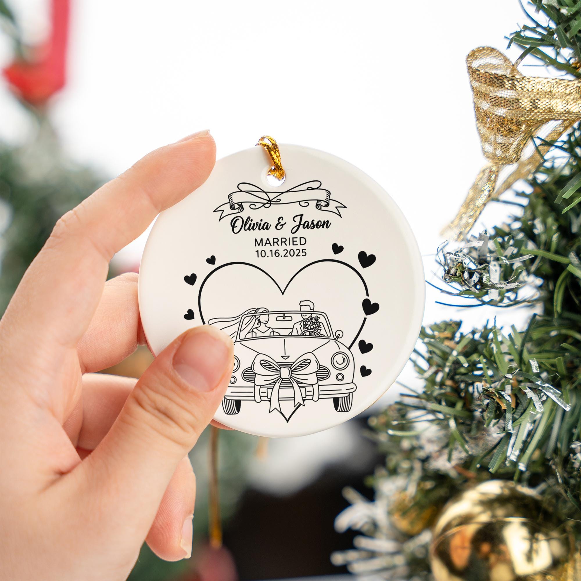 Personalized Ceramic Wedding Ornament: First Christmas Married Keepsake with Just Married Car Graphic image 7