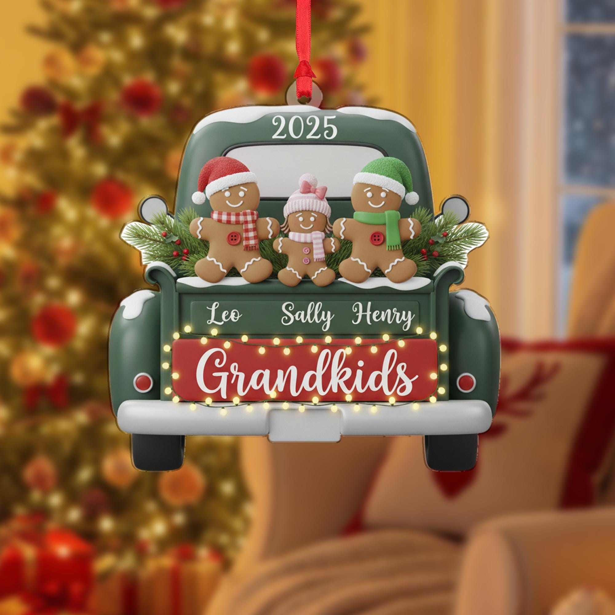 Personalized Acrylic Grandkids Ornament: 2025 Christmas Keepsake with Gingerbread Family, Vintage Green Truck image 3